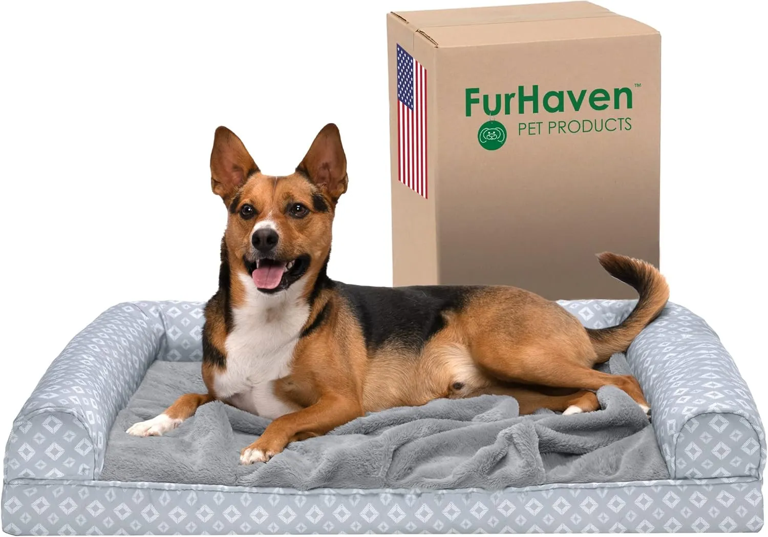 Furhaven Cooling Gel Dog Bed for Large/Medium Dogs w/ Removable Bolsters & Washable Cover, For Dogs Up to 55 lbs - Plush & Diamond Print Nest Top Sofa - Gray, Large