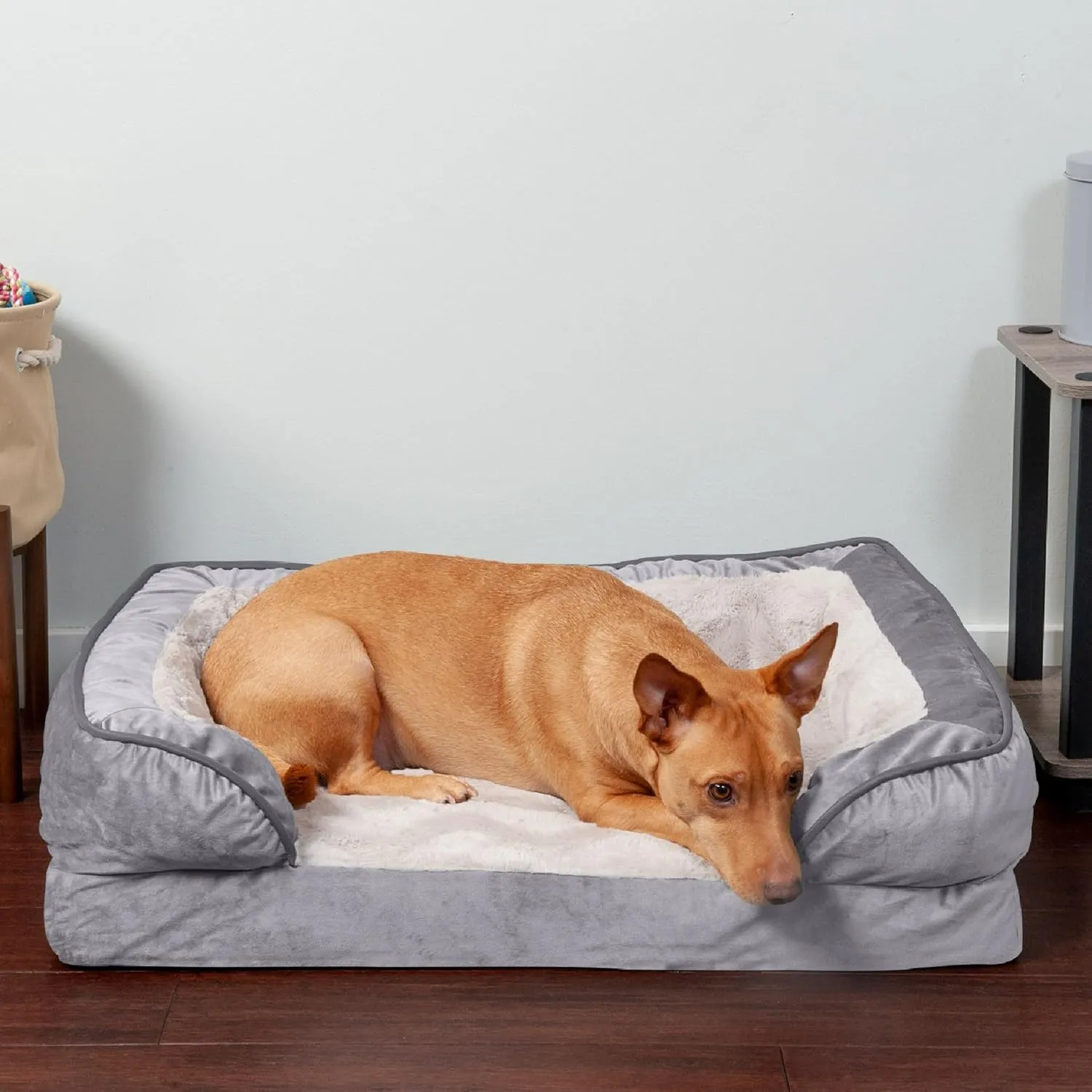 Furhaven Orthopedic Dog Bed for Medium/Small Dogs w/ Removable Bolsters & Washable Cover, For Dogs Up to 35 lbs - Plush & Velvet Waves Perfect Comfort Sofa - Granite Gray, Medium