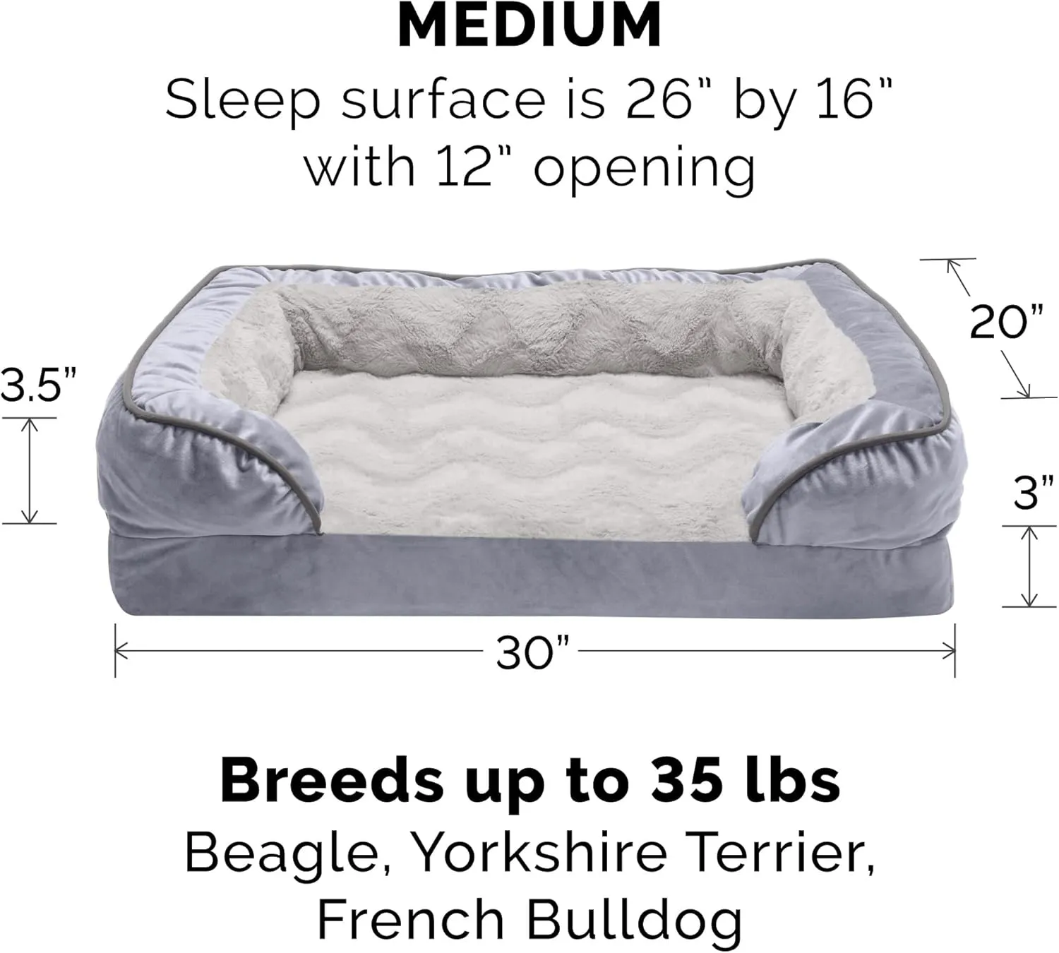 Furhaven Orthopedic Dog Bed for Medium/Small Dogs w/ Removable Bolsters & Washable Cover, For Dogs Up to 35 lbs - Plush & Velvet Waves Perfect Comfort Sofa - Granite Gray, Medium