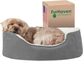Furhaven Orthopedic Dog Bed for Small Dogs w/ Removable Washable Cover, For Dogs Up to 12 lbs - Sherpa & Suede Oval Lounger - Gray, Small