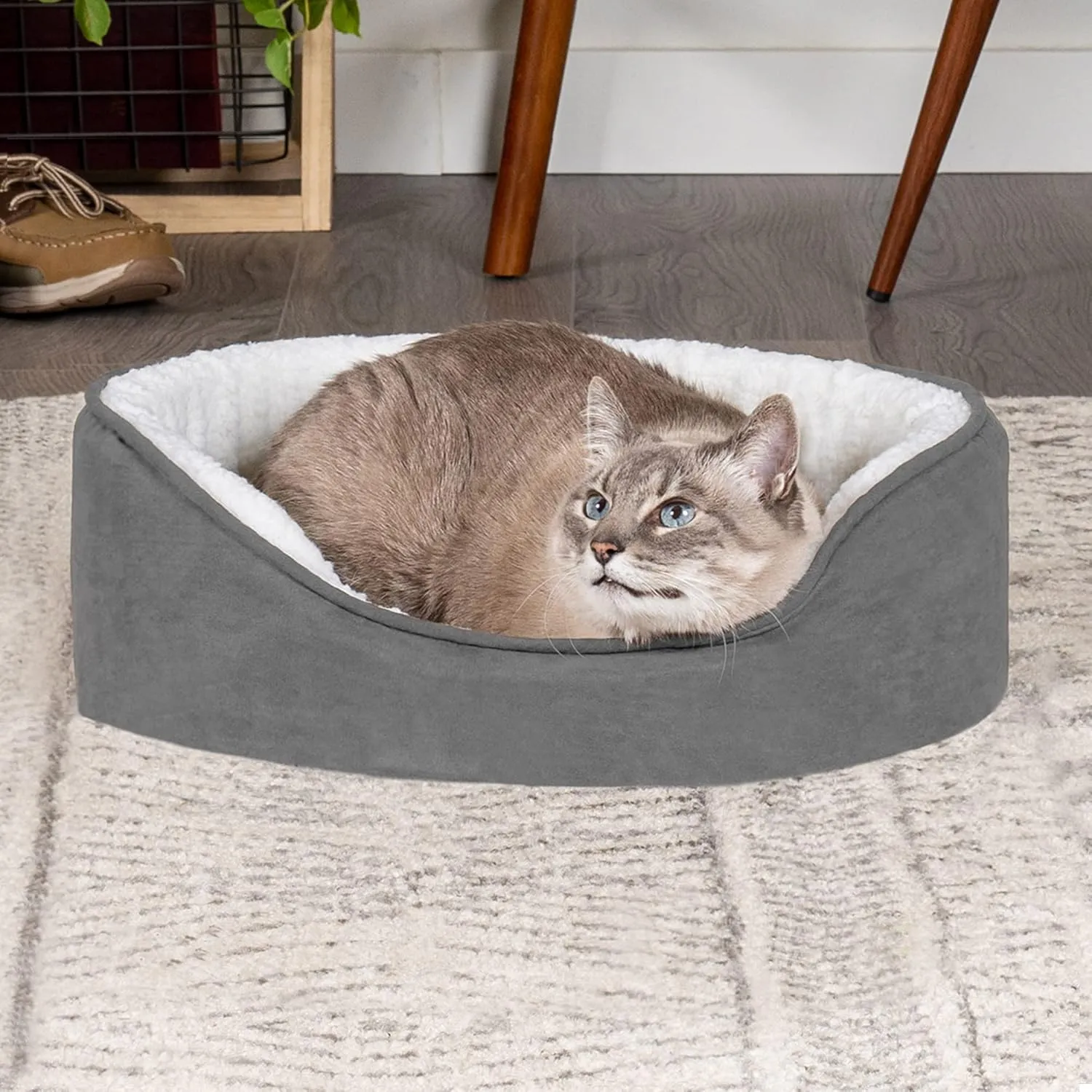 Furhaven Orthopedic Dog Bed for Small Dogs w/ Removable Washable Cover, For Dogs Up to 12 lbs - Sherpa & Suede Oval Lounger - Gray, Small