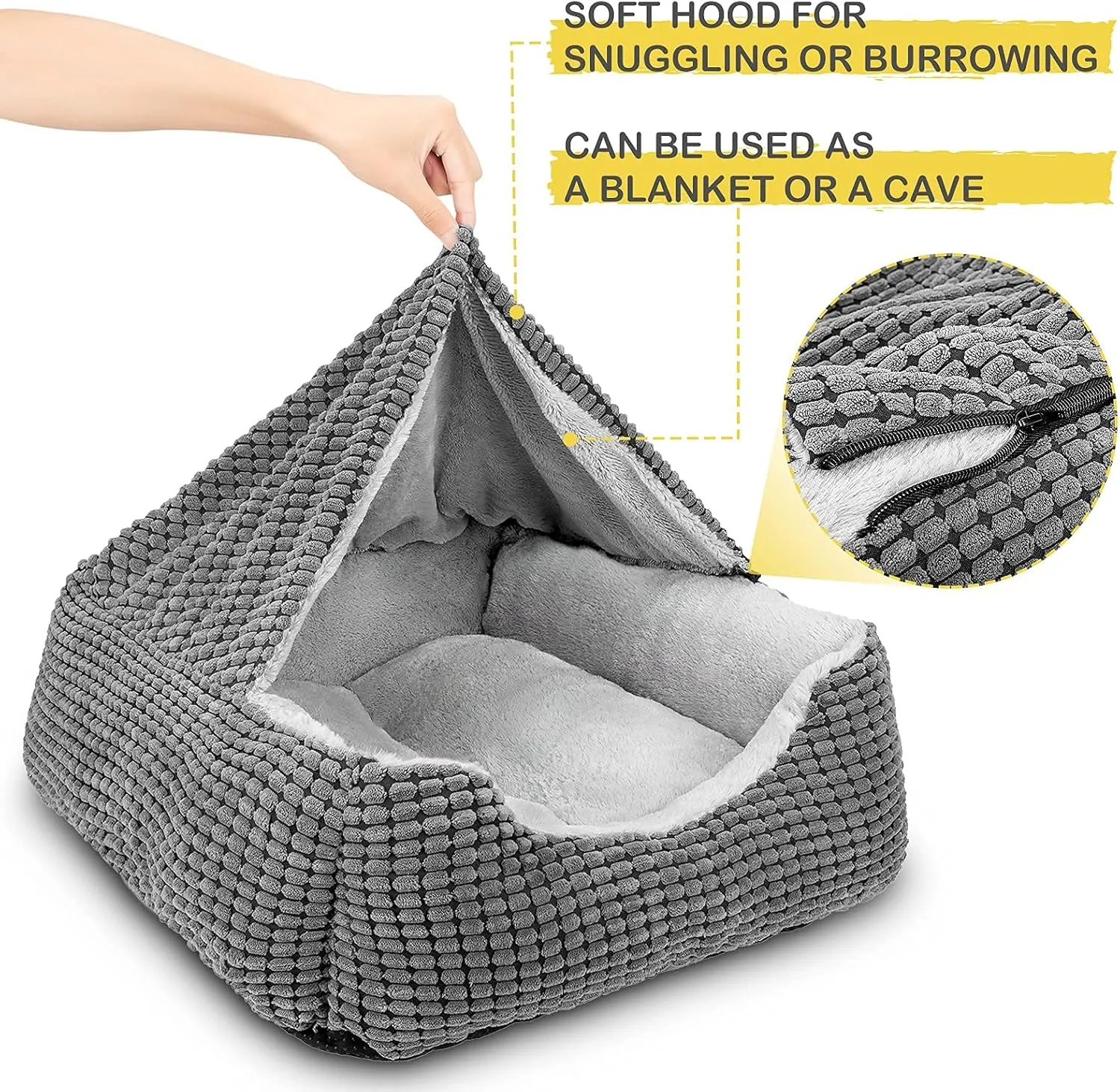 GASUR Dog Beds for Large Medium Small Dogs, Rectangle Cave Hooded Blanket Puppy Bed, Luxury Anti-Anxiety Orthopedic Cat Beds for Indoor Cats, Warmth and Machine Washable (20 inches, Grey)