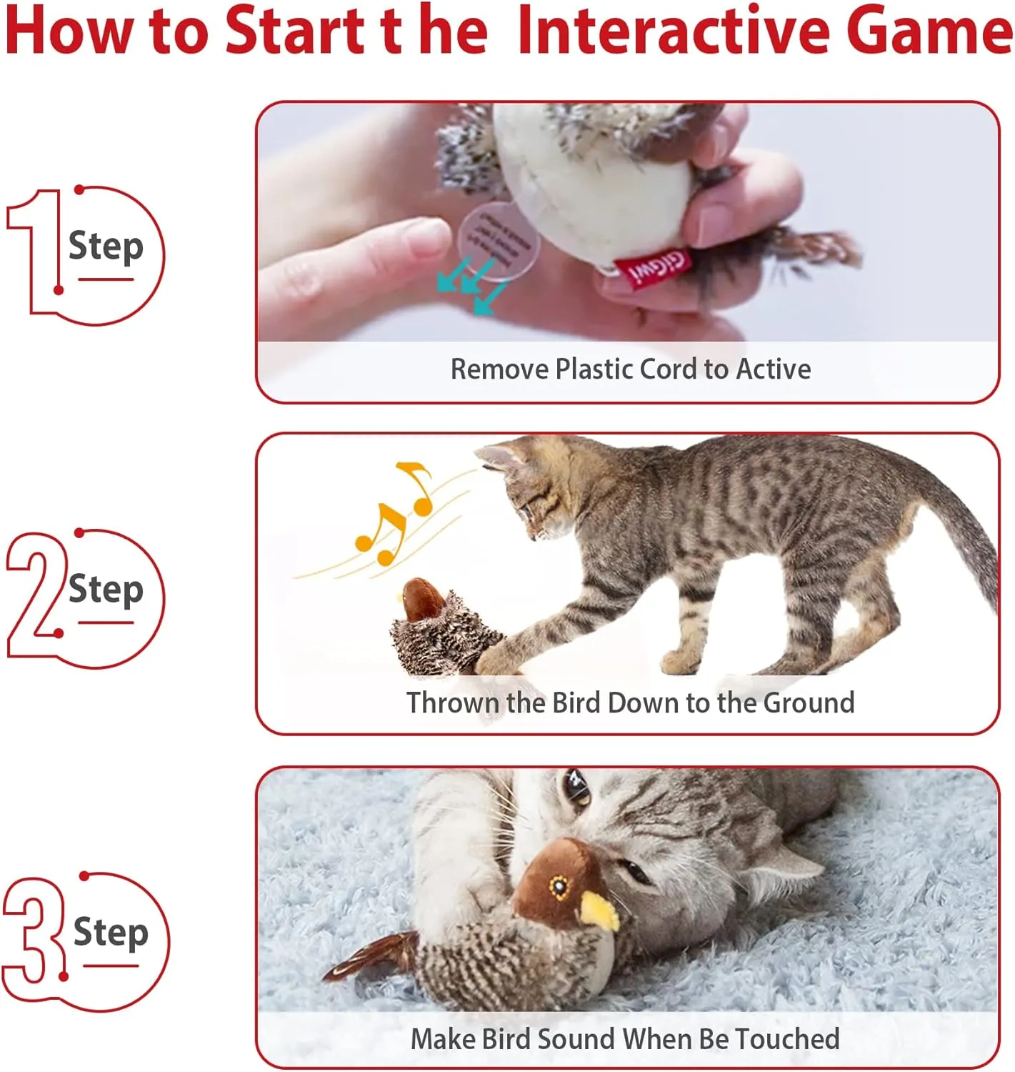 Gigwi Chirping Bird Cat Toy Set, Interactive Chasing Toy for Indoor Cat, Motion Activated Kitten Play Toy, Squeaky Cat Animal Feather Toy for All Breeds Cat Kicker
