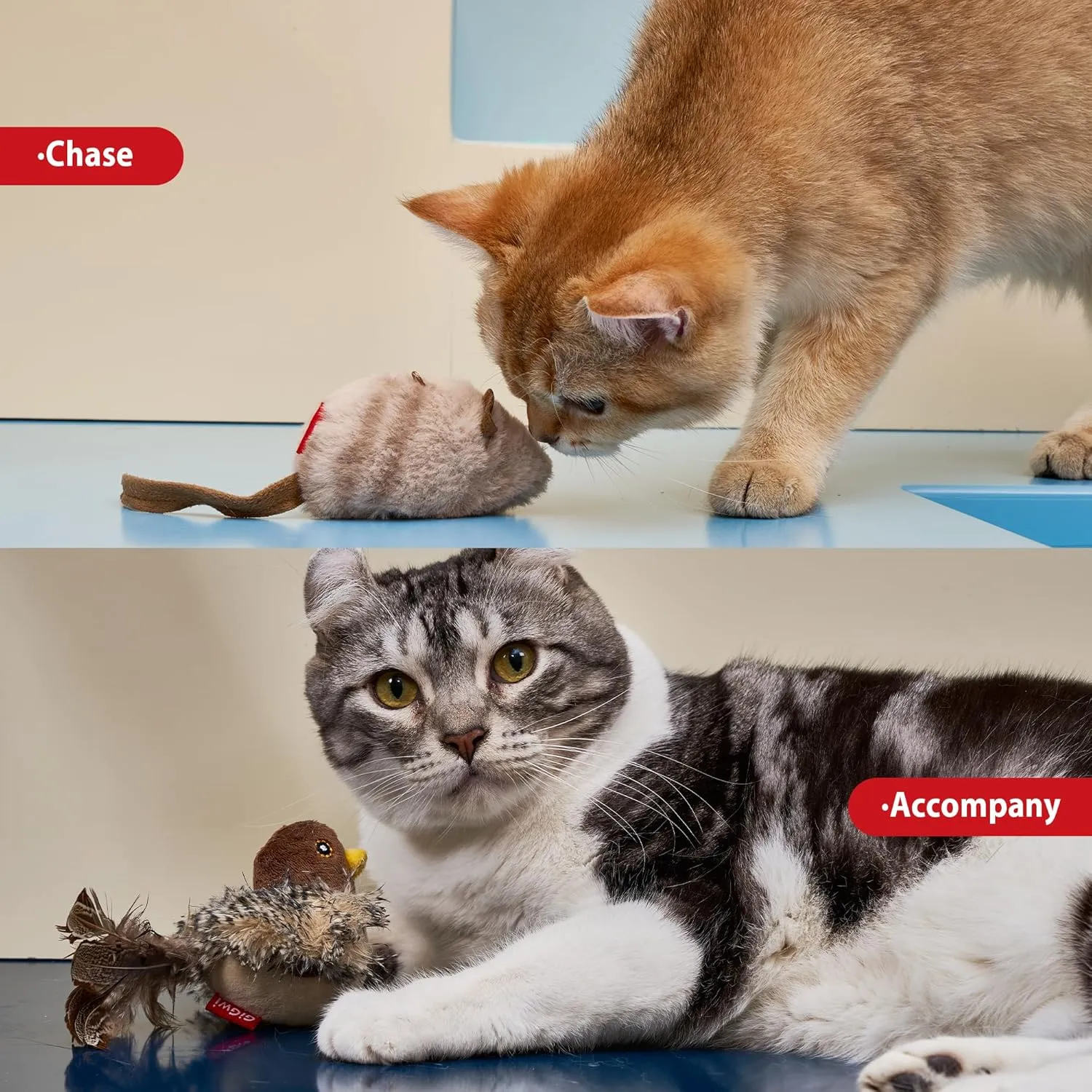 Gigwi Chirping Bird Cat Toy Set, Interactive Chasing Toy for Indoor Cat, Motion Activated Kitten Play Toy, Squeaky Cat Animal Feather Toy for All Breeds Cat Kicker
