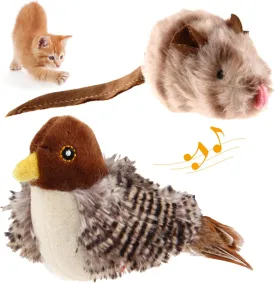 Gigwi Chirping Bird Cat Toy Set, Interactive Chasing Toy for Indoor Cat, Motion Activated Kitten Play Toy, Squeaky Cat Animal Feather Toy for All Breeds Cat Kicker