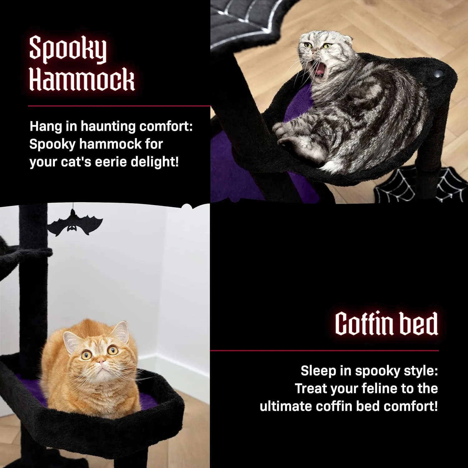 Gothic Cat Tree with Coffin Cat Bed, Hammock, Spider & Bat Goth Cat Toys - 35 Inch Tall Coffin Cat Tree with Luxurious Gothic Bed Experience Black and Purple