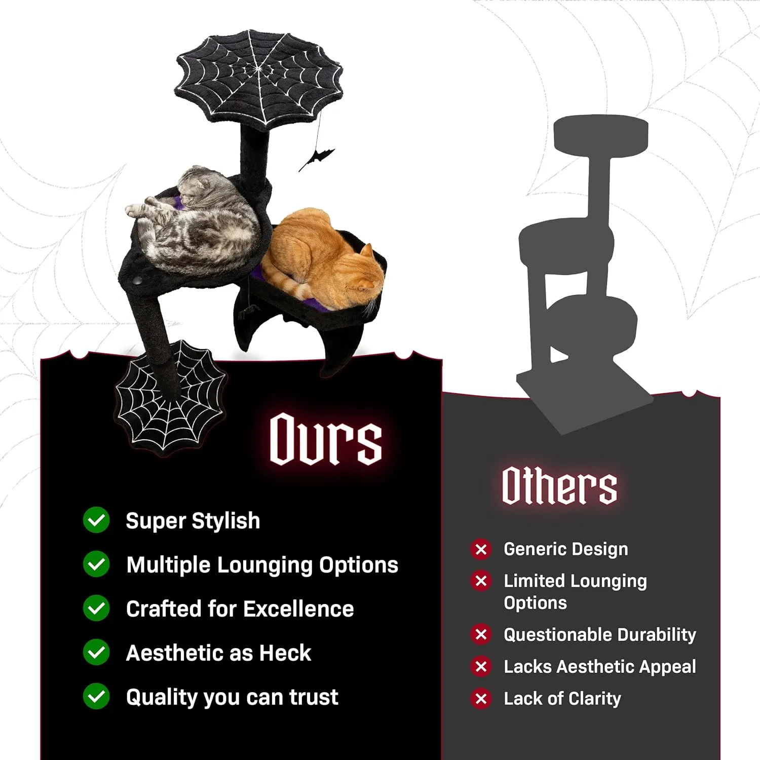 Gothic Cat Tree with Coffin Cat Bed, Hammock, Spider & Bat Goth Cat Toys - 35 Inch Tall Coffin Cat Tree with Luxurious Gothic Bed Experience Black and Purple