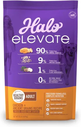 Halo Elevate Dog Chicken Recipe, Healthy Grains Dry Dog Food, Kibble for Adult Dogs, 20 lb Bag