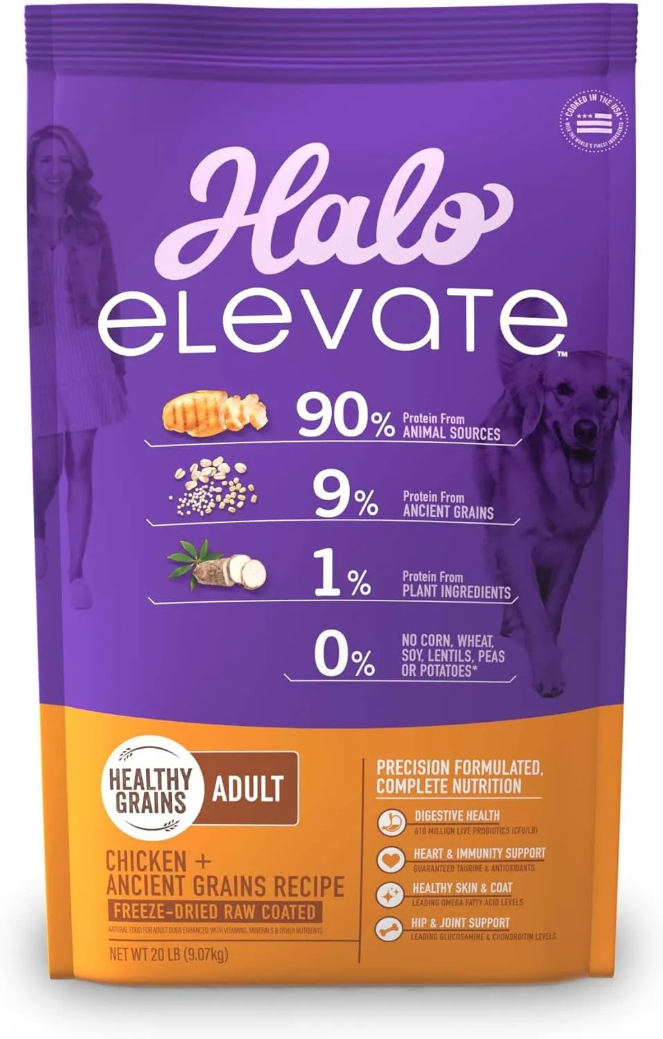 Halo Elevate Dog Chicken Recipe, Healthy Grains Dry Dog Food, Kibble for Adult Dogs, 20 lb Bag