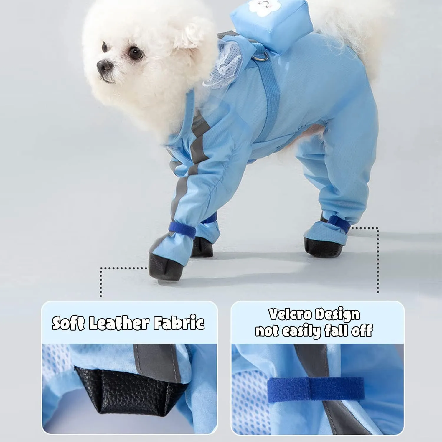 HDKUW Dog Raincoat and Rain Shoes Set, Full-Coverage Reflective Jacket with Backbag, Blue XL