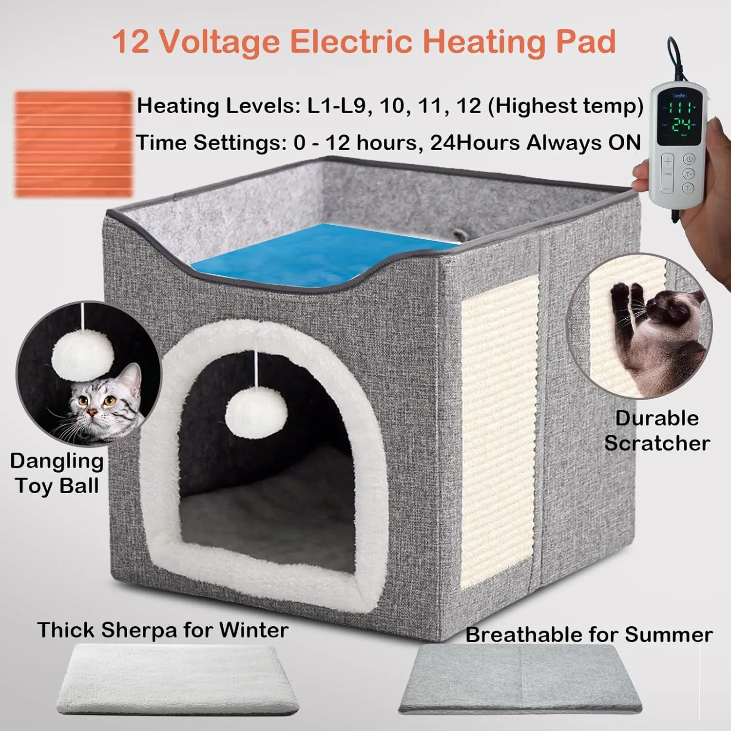 Heated Cat Bed Indoor w/ 12V Electric Heating Pad, Foldable Thermal Warming Heated Pet Bed House for Indoor Cats w/ Scratching Post, Covered Cat Cave Beds with Adjustable Temperature & Timer 16x16x15"