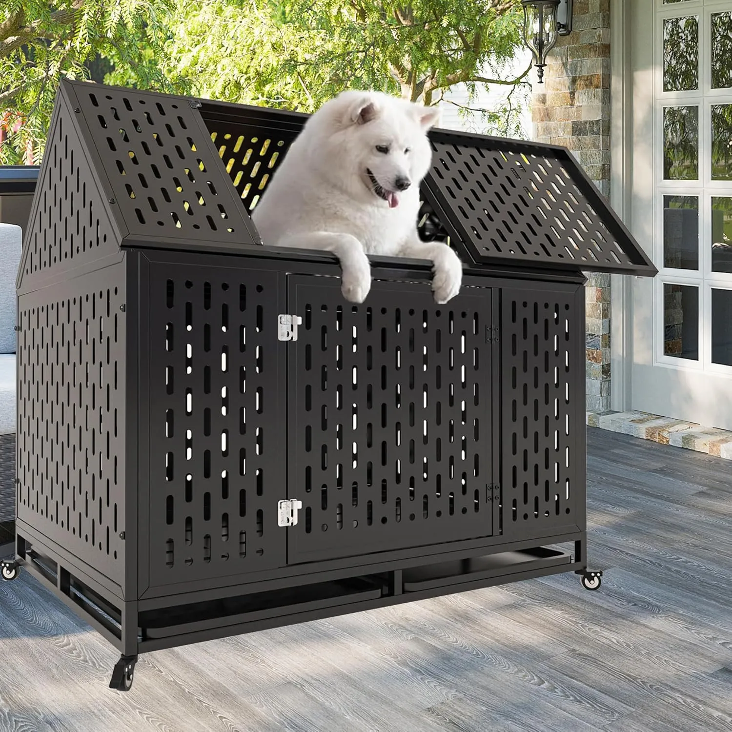 Heavy Duty Dog Crate 45 inch XL Pet Dog Cage Crate Kennel with Roof Top 2 Doors Removable Trays, Lockable Wheels Escape-Proof for High Anxiety Large/Extra Large Dogs (Black, 45 inch)