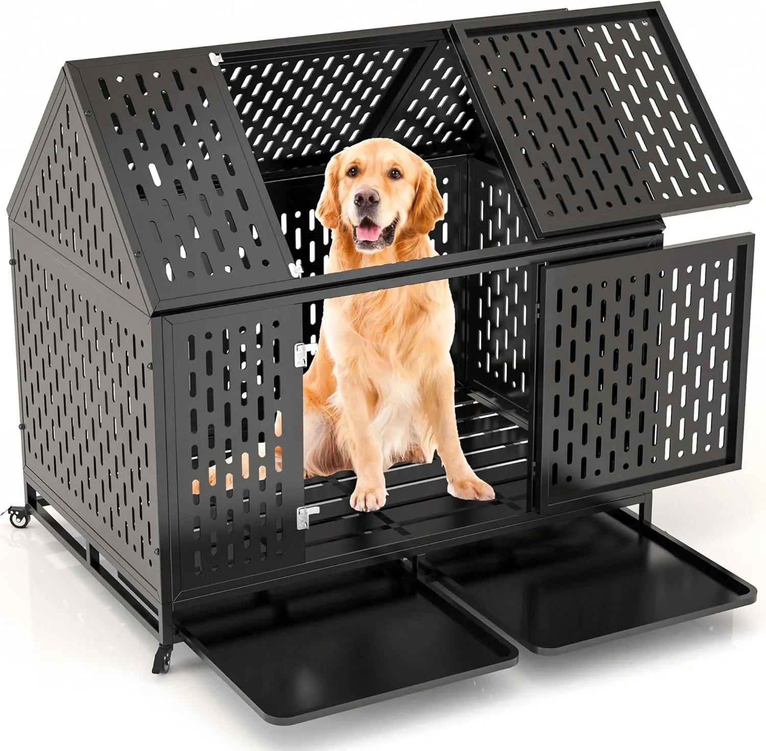 Heavy Duty Dog Crate 45 inch XL Pet Dog Cage Crate Kennel with Roof Top 2 Doors Removable Trays, Lockable Wheels Escape-Proof for High Anxiety Large/Extra Large Dogs (Black, 45 inch)