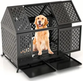 Heavy Duty Dog Crate 45 inch XL Pet Dog Cage Crate Kennel with Roof Top 2 Doors Removable Trays, Lockable Wheels Escape-Proof for High Anxiety Large/Extra Large Dogs (Black, 45 inch)