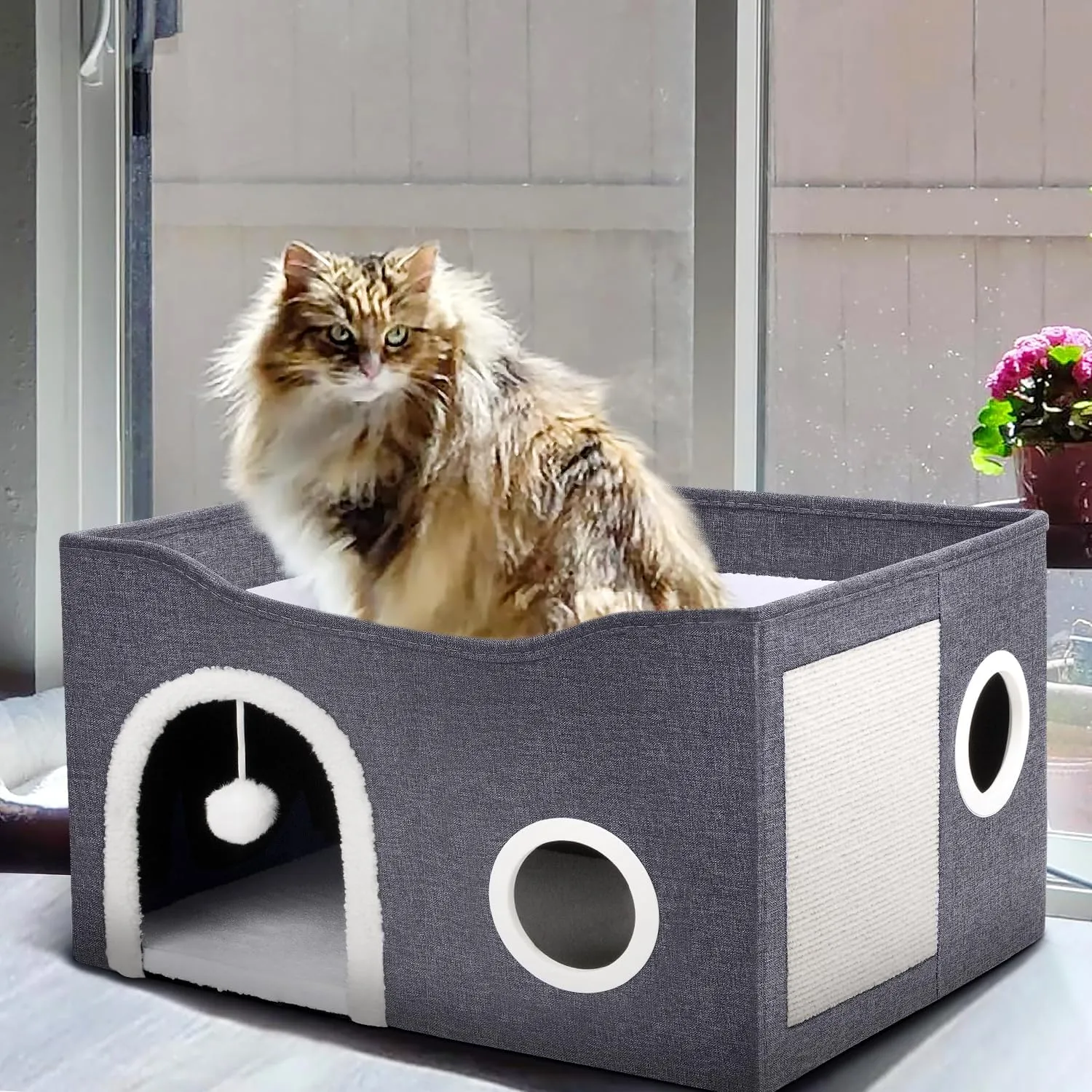 Heeyoo Cat House for Indoor Cats - Large Cat Bed Cave with Fluffy Ball and Scratch Pad, Foldable Cat Houses & Condos, Cat Cubes, Cat Hideaway, Covered Cat Bed for Multi Small Pet Large Kitty