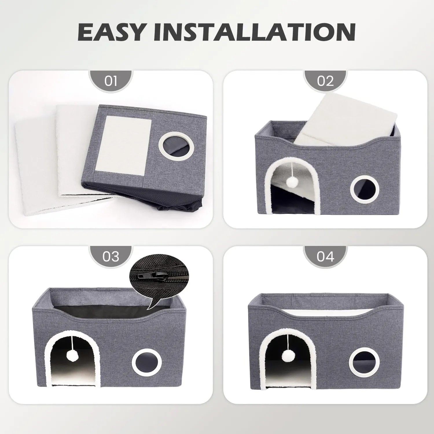 Heeyoo Cat House for Indoor Cats - Large Cat Bed Cave with Fluffy Ball and Scratch Pad, Foldable Cat Houses & Condos, Cat Cubes, Cat Hideaway, Covered Cat Bed for Multi Small Pet Large Kitty