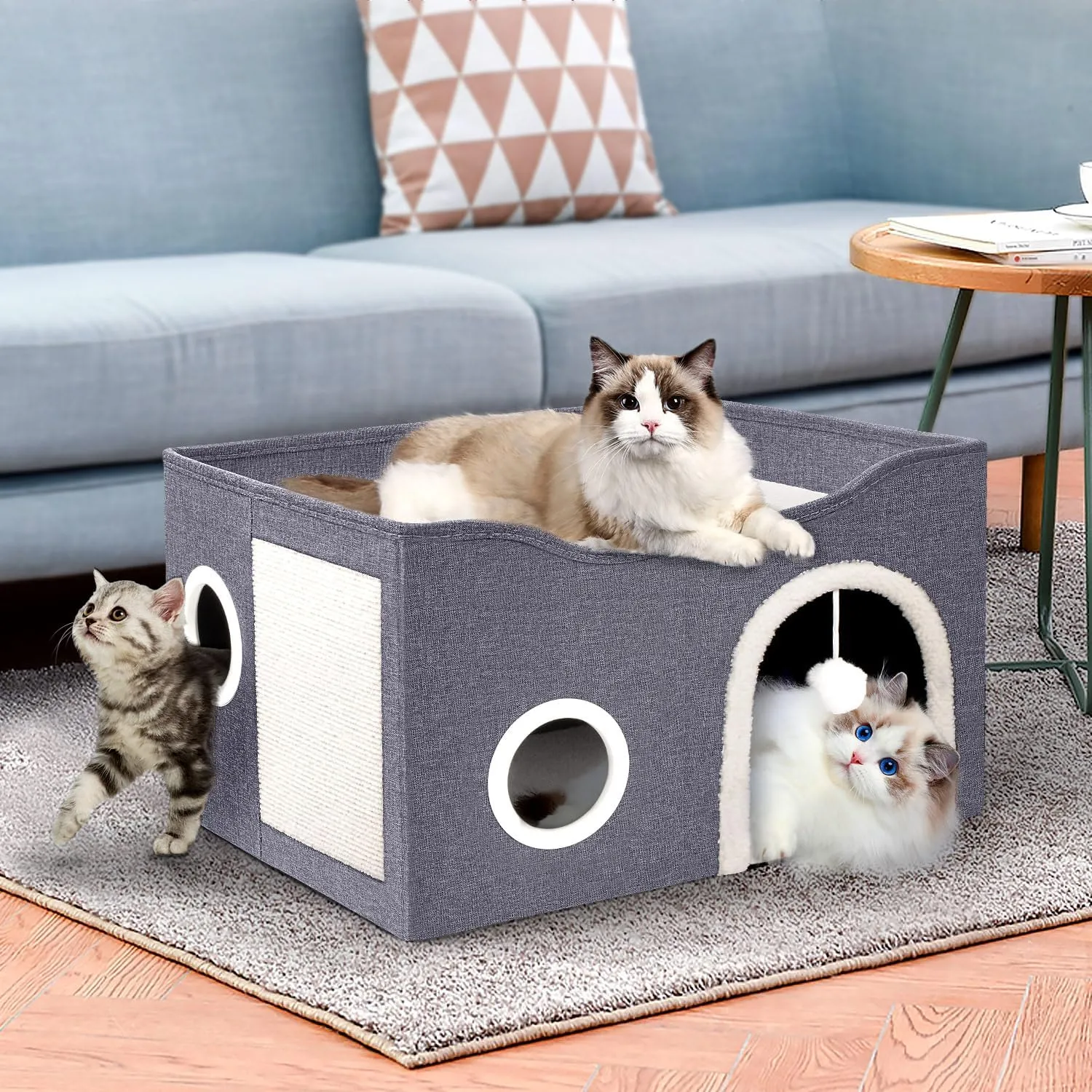 Heeyoo Cat House for Indoor Cats - Large Cat Bed Cave with Fluffy Ball and Scratch Pad, Foldable Cat Houses & Condos, Cat Cubes, Cat Hideaway, Covered Cat Bed for Multi Small Pet Large Kitty