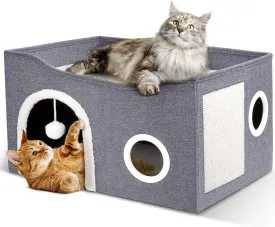 Heeyoo Cat House for Indoor Cats - Large Cat Bed Cave with Fluffy Ball and Scratch Pad, Foldable Cat Houses & Condos, Cat Cubes, Cat Hideaway, Covered Cat Bed for Multi Small Pet Large Kitty