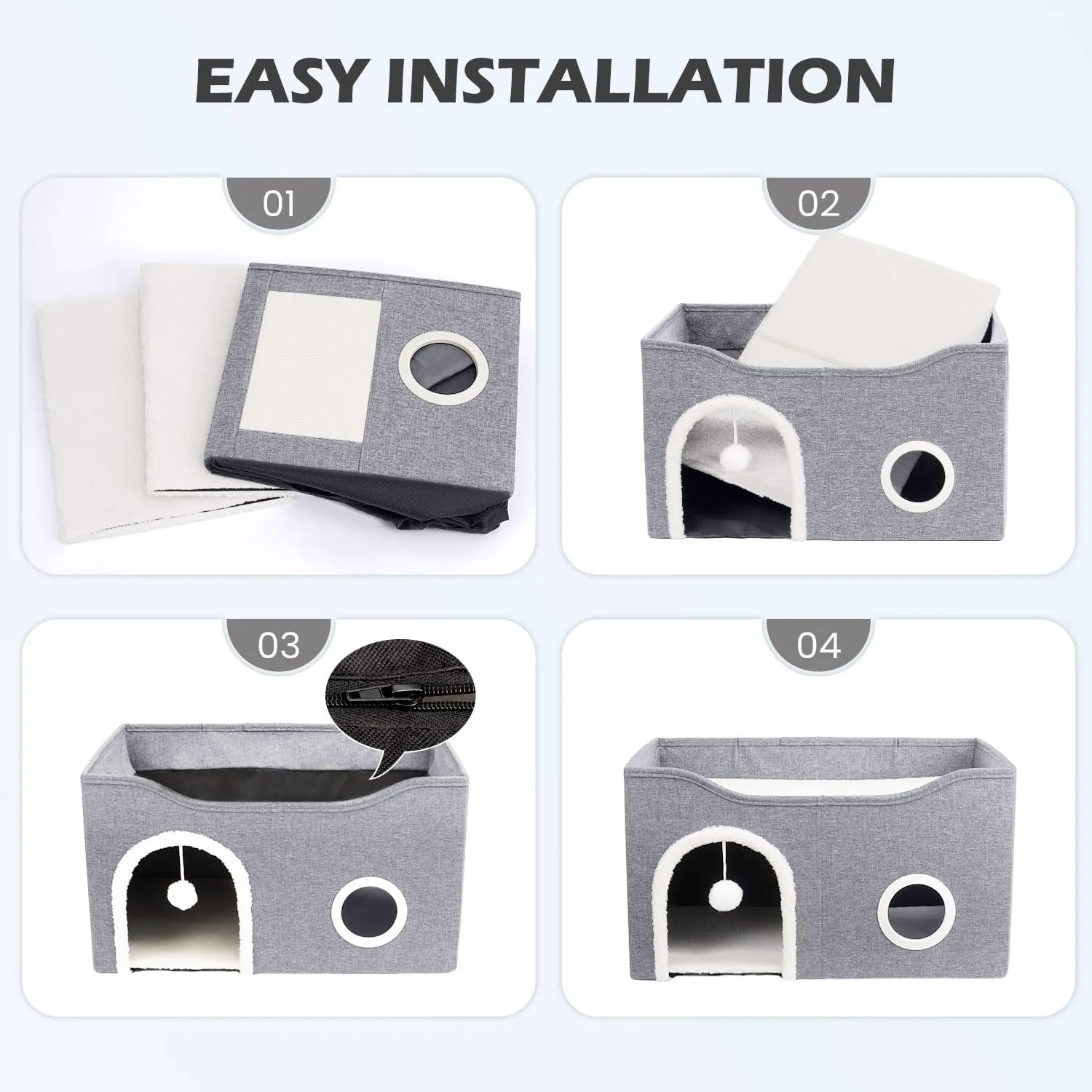 Heeyoo Cat House for Indoor Cats - Large Cat Bed Cave with Fluffy Ball and Scratch Pad, Foldable Cat Houses & Condos, Cat Hideaway, Covered Cat Bed for Multi Small Large Kitty, 23.8x15.9x13.2 Inches