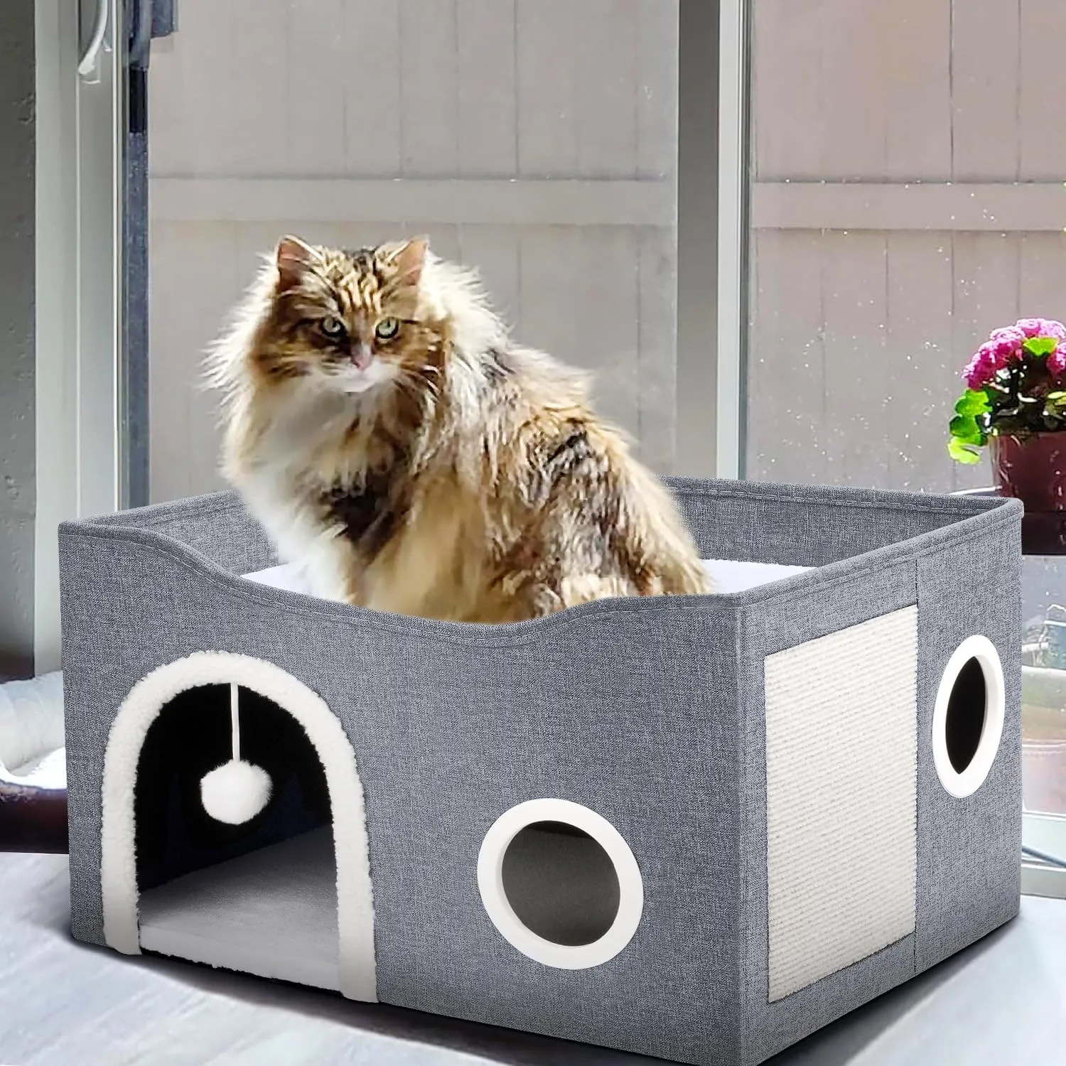 Heeyoo Cat House for Indoor Cats - Large Cat Bed Cave with Fluffy Ball and Scratch Pad, Foldable Cat Houses & Condos, Cat Hideaway, Covered Cat Bed for Multi Small Large Kitty, 23.8x15.9x13.2 Inches