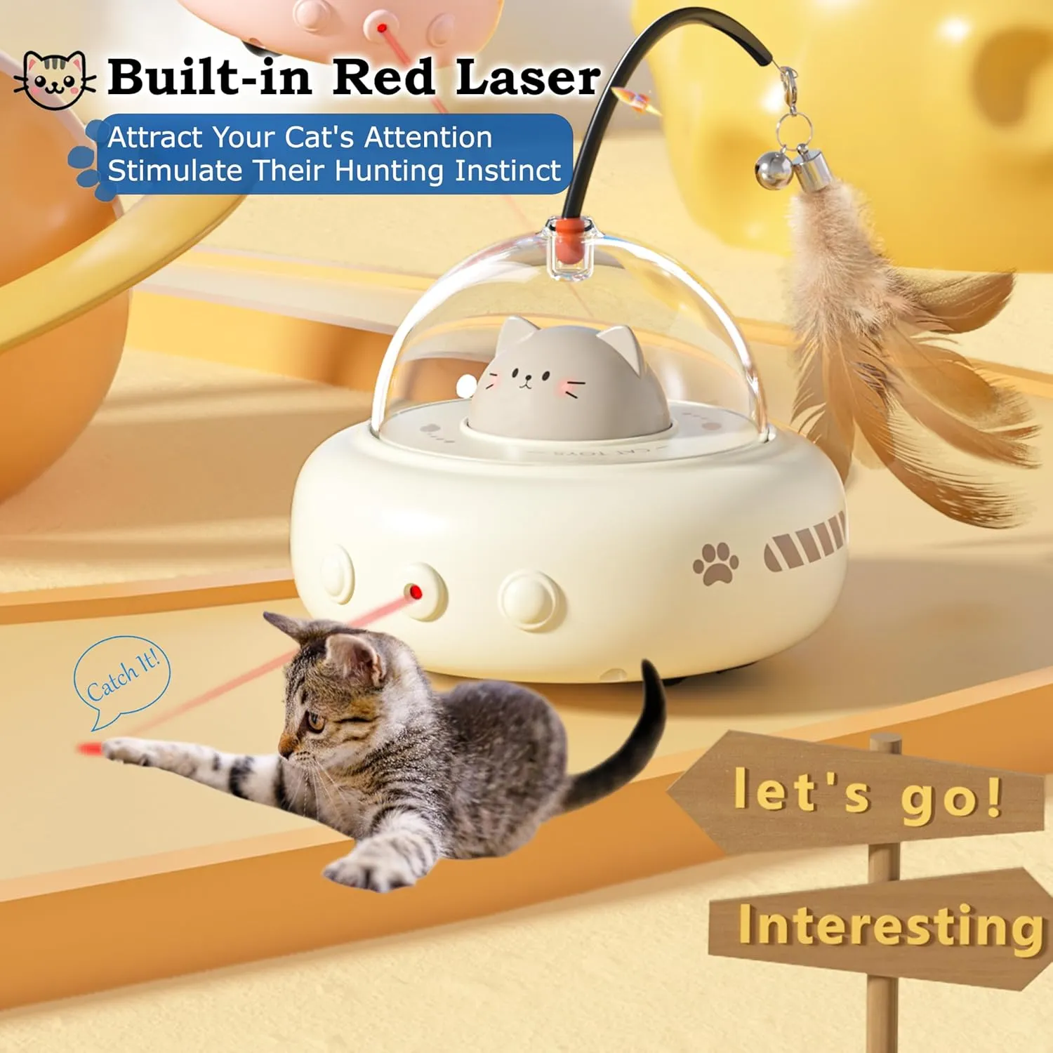 hooroor Laser Cat Toy for Indoor Cats,2 in 1 UFO-Vehicle Automatic Motion with Feather,Rechargeable Electronic Smart Sensor,Interactive Toys for Bored Cats/Kittens/Dogs,Ideal Gift for Pet Lover