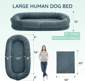 Human Dog Bed for Adult - Luxury Faux Fur Giant Size Dog Bed with Portable Handle, Egg Orthopedic Foam Bed with Blanket, 72"x40"x10", Grayish Blue