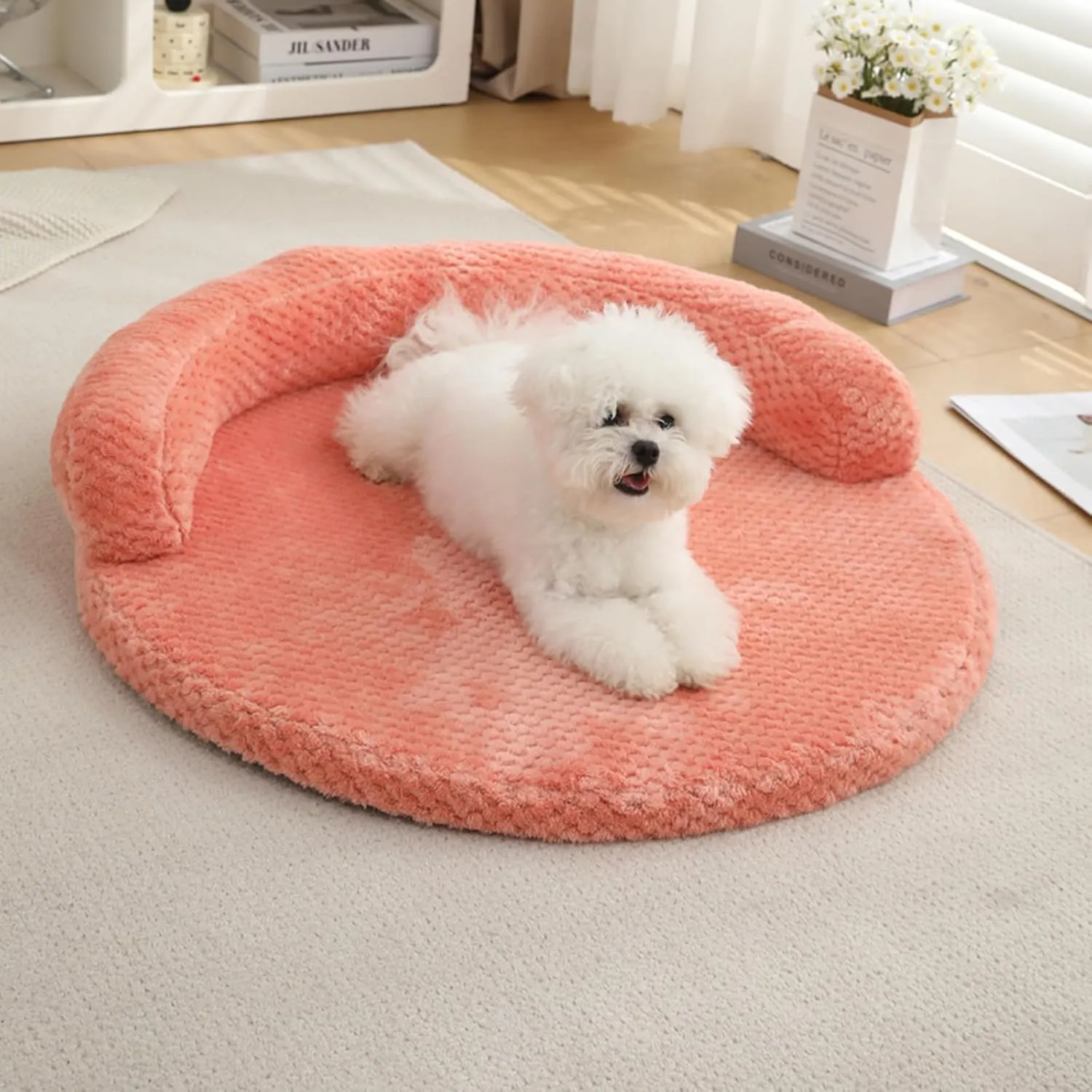 huraty Orthopedic Dog Bed for Small Dogs, Bolster Dog Sofa Bed Washable Pet Bed, Supportive Foam Pet Bed with Nonskid Bottom, 23.6 x 4.7 x 1.5 Inch, Pink