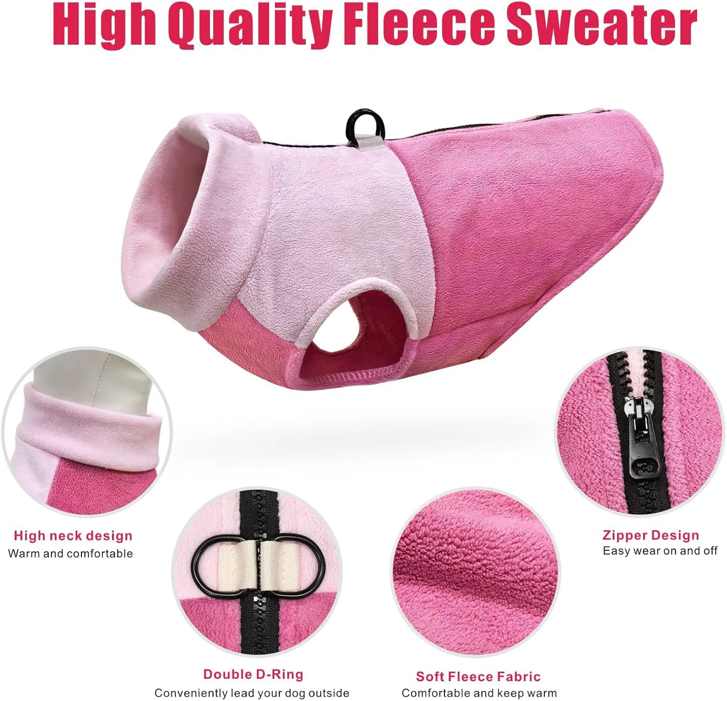 Idepet Dog Fleece Vest Sweater Zip Up Warm Pullover Dogs Jacket with D-Ring Leash Winter Cold Weater Coat Pet Sweatershirt Clothes Hoodie for Small Medium Dogs Boy Girl (Pink/Rose Red, S)