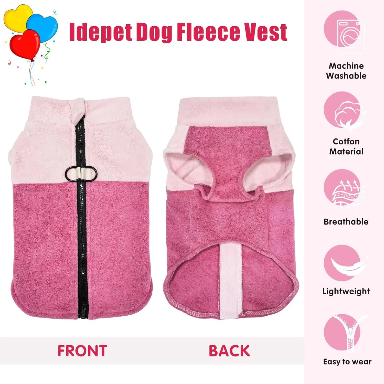 Idepet Dog Fleece Vest Sweater Zip Up Warm Pullover Dogs Jacket with D-Ring Leash Winter Cold Weater Coat Pet Sweatershirt Clothes Hoodie for Small Medium Dogs Boy Girl (Pink/Rose Red, S)