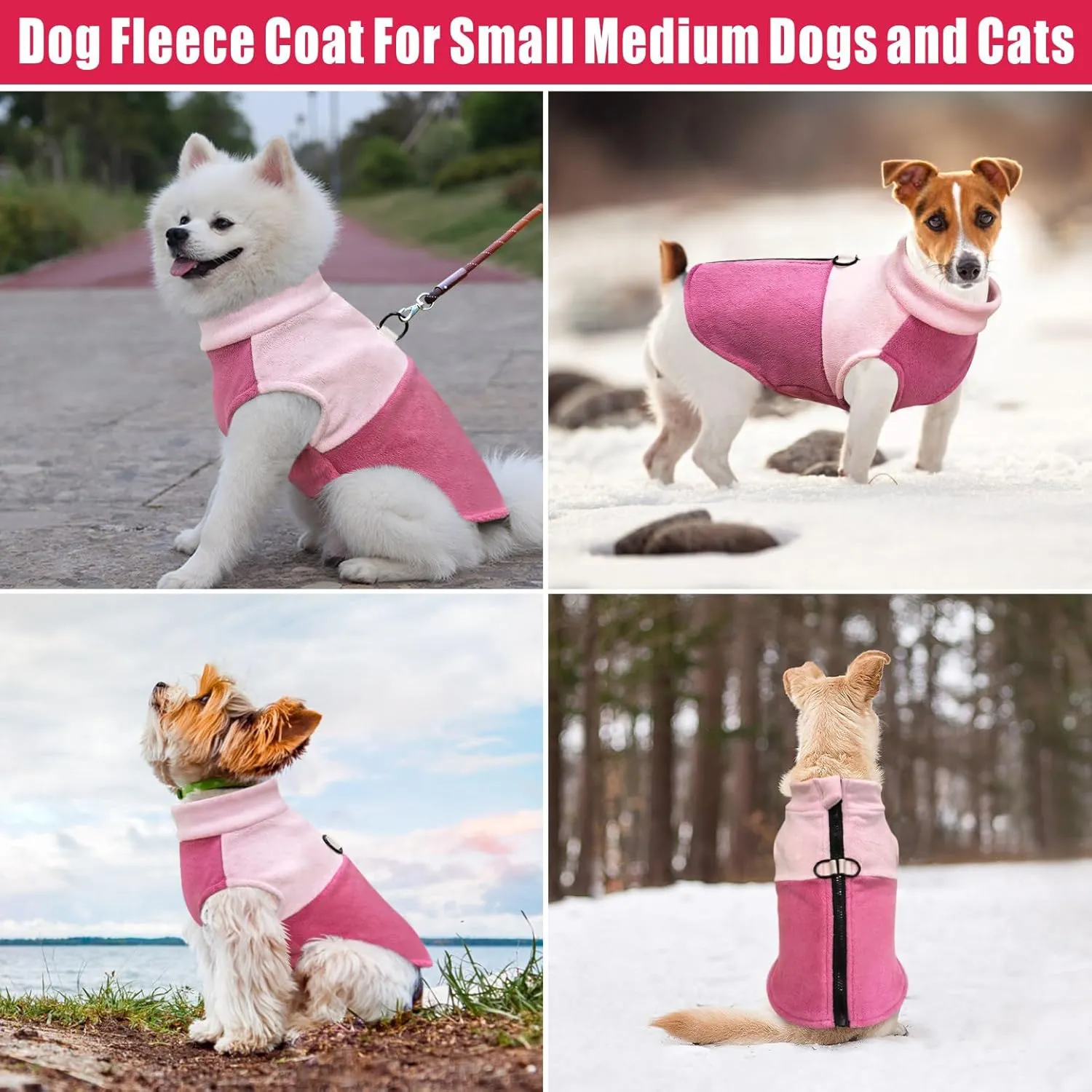 Idepet Dog Fleece Vest Sweater Zip Up Warm Pullover Dogs Jacket with D-Ring Leash Winter Cold Weater Coat Pet Sweatershirt Clothes Hoodie for Small Medium Dogs Boy Girl (Pink/Rose Red, S)