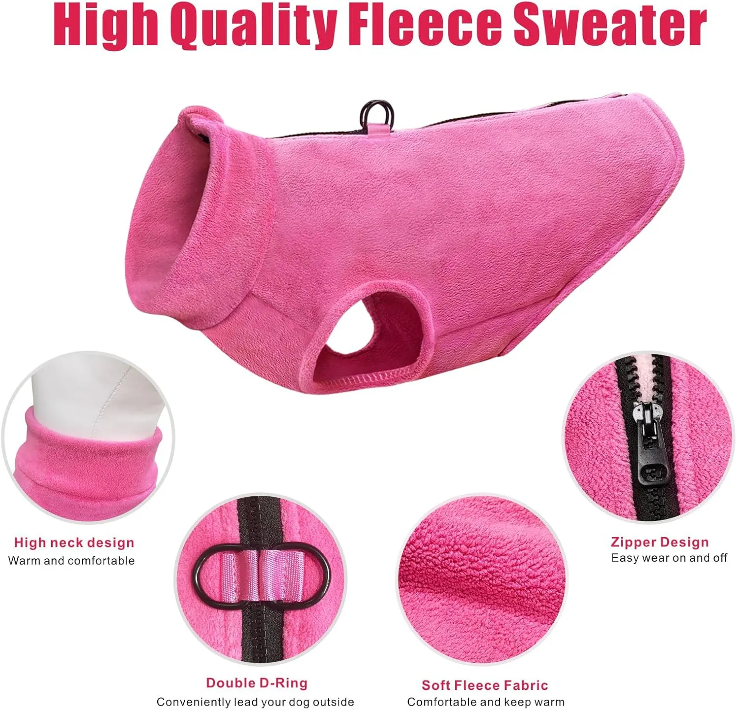 Idepet Dog Fleece Vest Sweater Zip Up Warm Pullover Dogs Jacket with D-Ring Leash Winter Cold Weater Coat Pet Sweatershirt Clothes Hoodie for Small Medium Dogs Boy Girl (Rose Red, M)