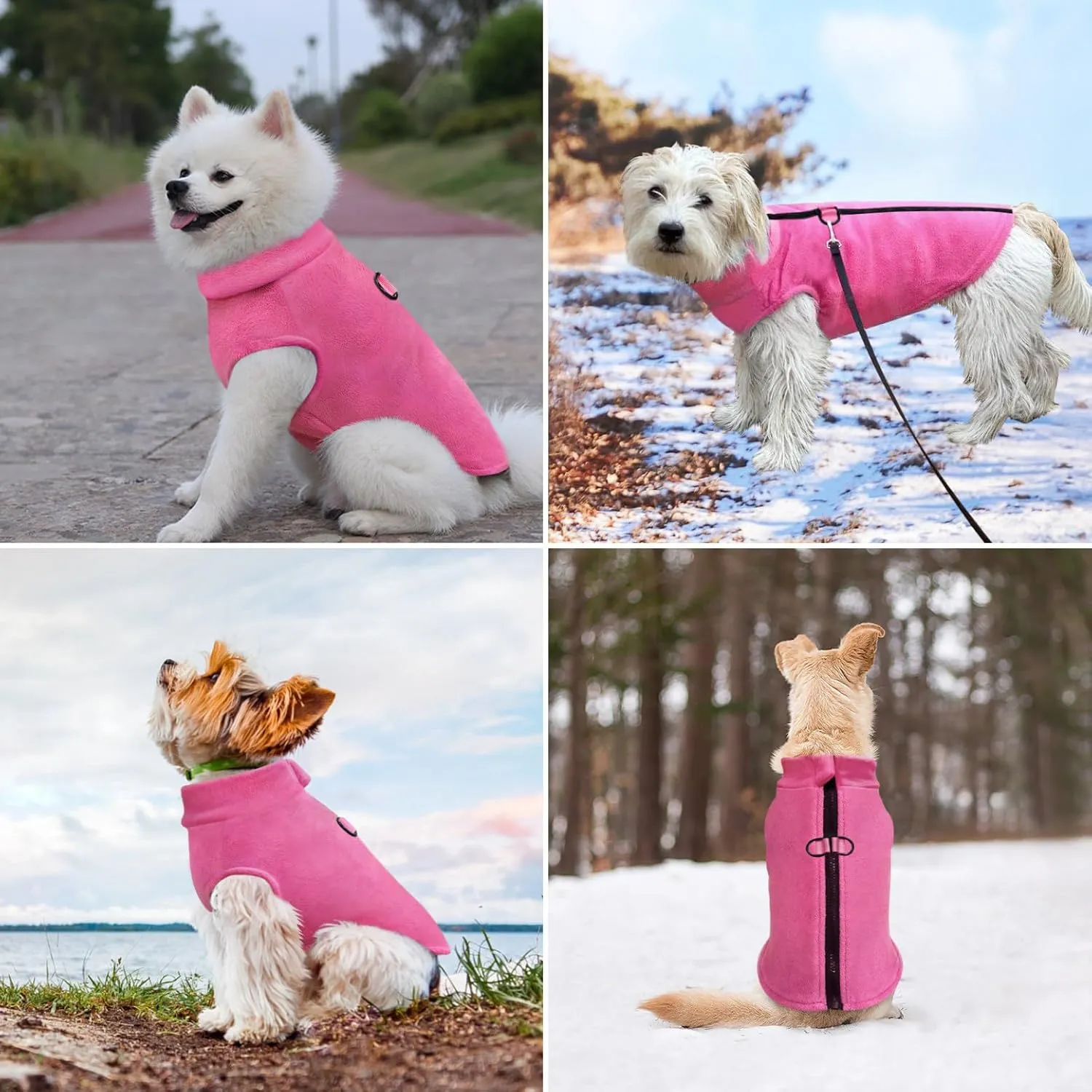 Idepet Dog Fleece Vest Sweater Zip Up Warm Pullover Dogs Jacket with D-Ring Leash Winter Cold Weater Coat Pet Sweatershirt Clothes Hoodie for Small Medium Dogs Boy Girl (Rose Red, M)