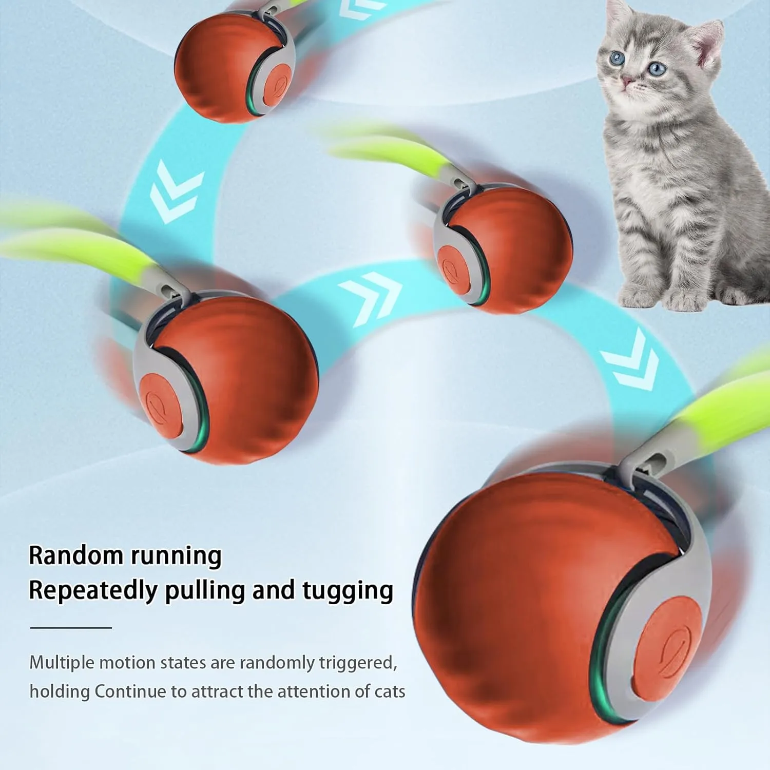 Interactive Cat Toy Ball, Automatic Moving Cats Ball Toy with Feather, Indoor Smart Cat Toys, Motorised Cats Balls Toy for Chasing & Hunting