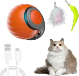 Interactive Cat Toy Ball, Automatic Moving Cats Ball Toy with Feather, Indoor Smart Cat Toys, Motorised Cats Balls Toy for Chasing & Hunting