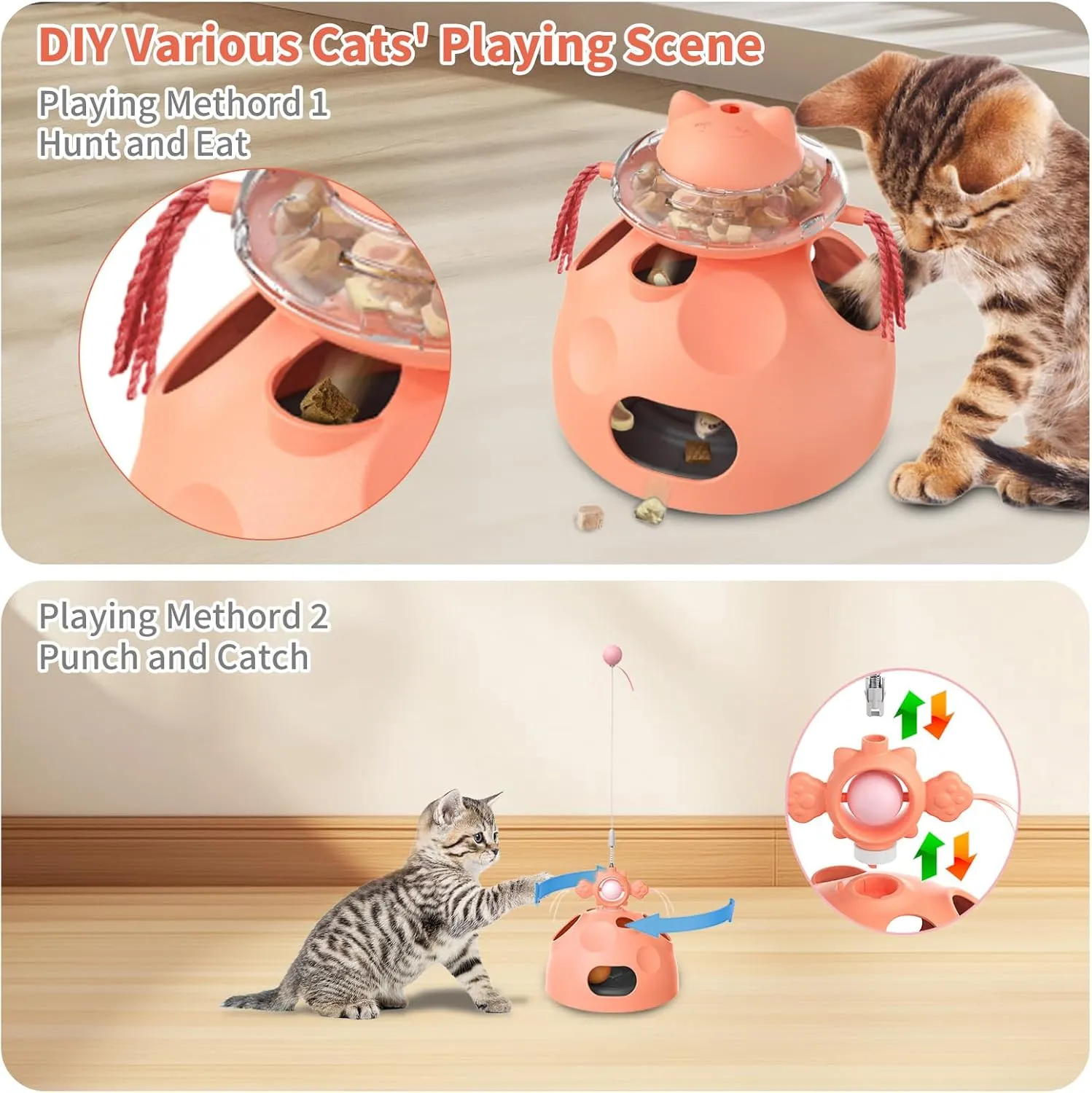 Interactive Cat Toy for Indoor Cats, 4-in-1 Modular Design with Cat Treats Puzzle Slow Feeder, Teaser Wand, Ball Maze & Spinning Ball | Kitten Enrichment Toys for Indoor