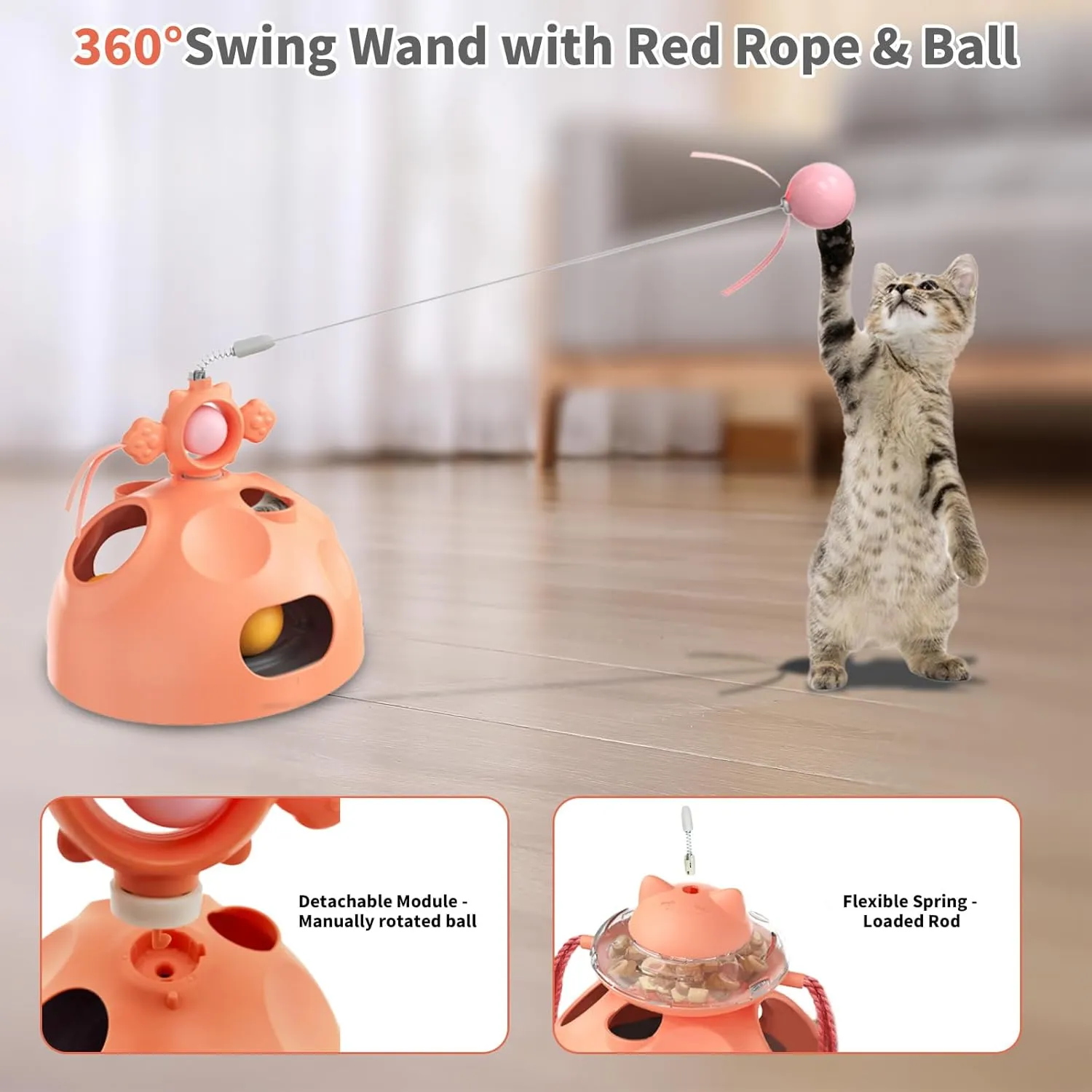 Interactive Cat Toy for Indoor Cats, 4-in-1 Modular Design with Cat Treats Puzzle Slow Feeder, Teaser Wand, Ball Maze & Spinning Ball | Kitten Enrichment Toys for Indoor