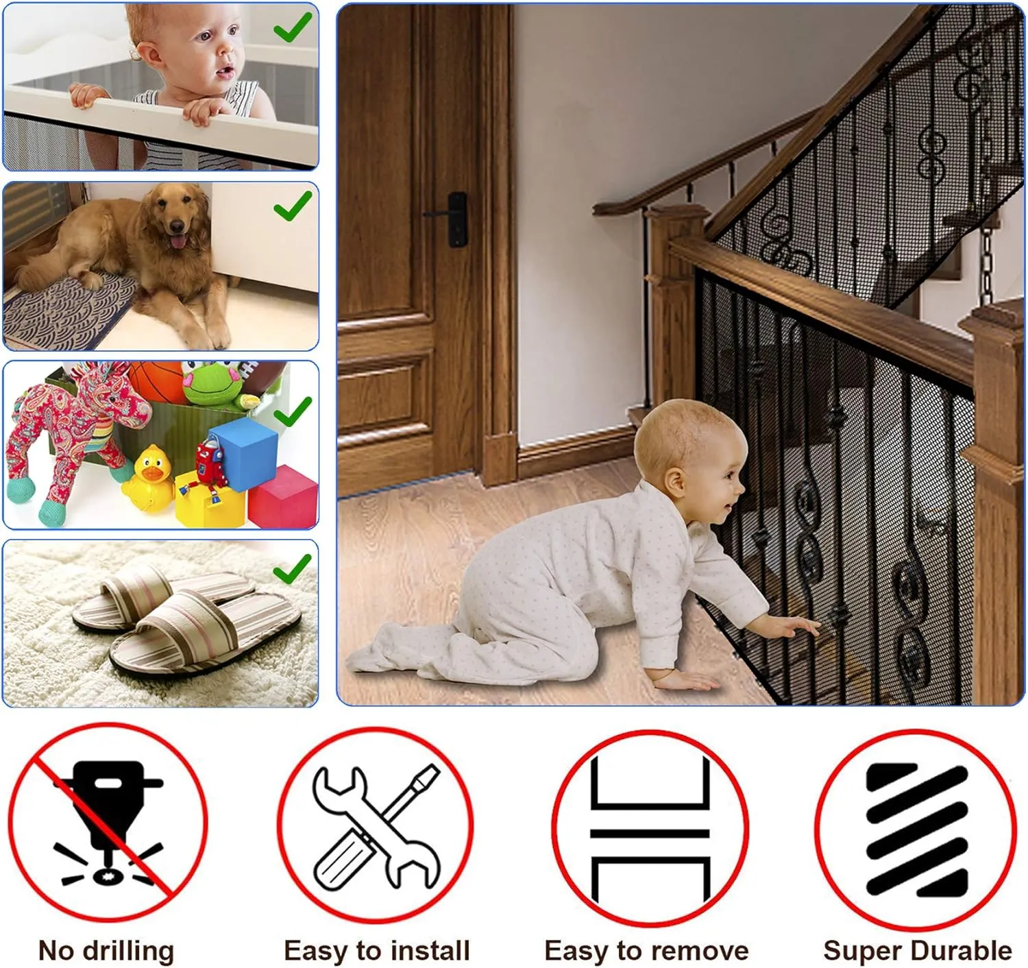 JIFTOK Baby Gate for Stairs, Banister Guard for Kids, Pets, Toys, 32.8ft L x 2.66 ft H, Mesh Netting Safety Net for Balcony Rail Stair, Stairway Net Baby Safety Products for Indoor & Outdoor (Black