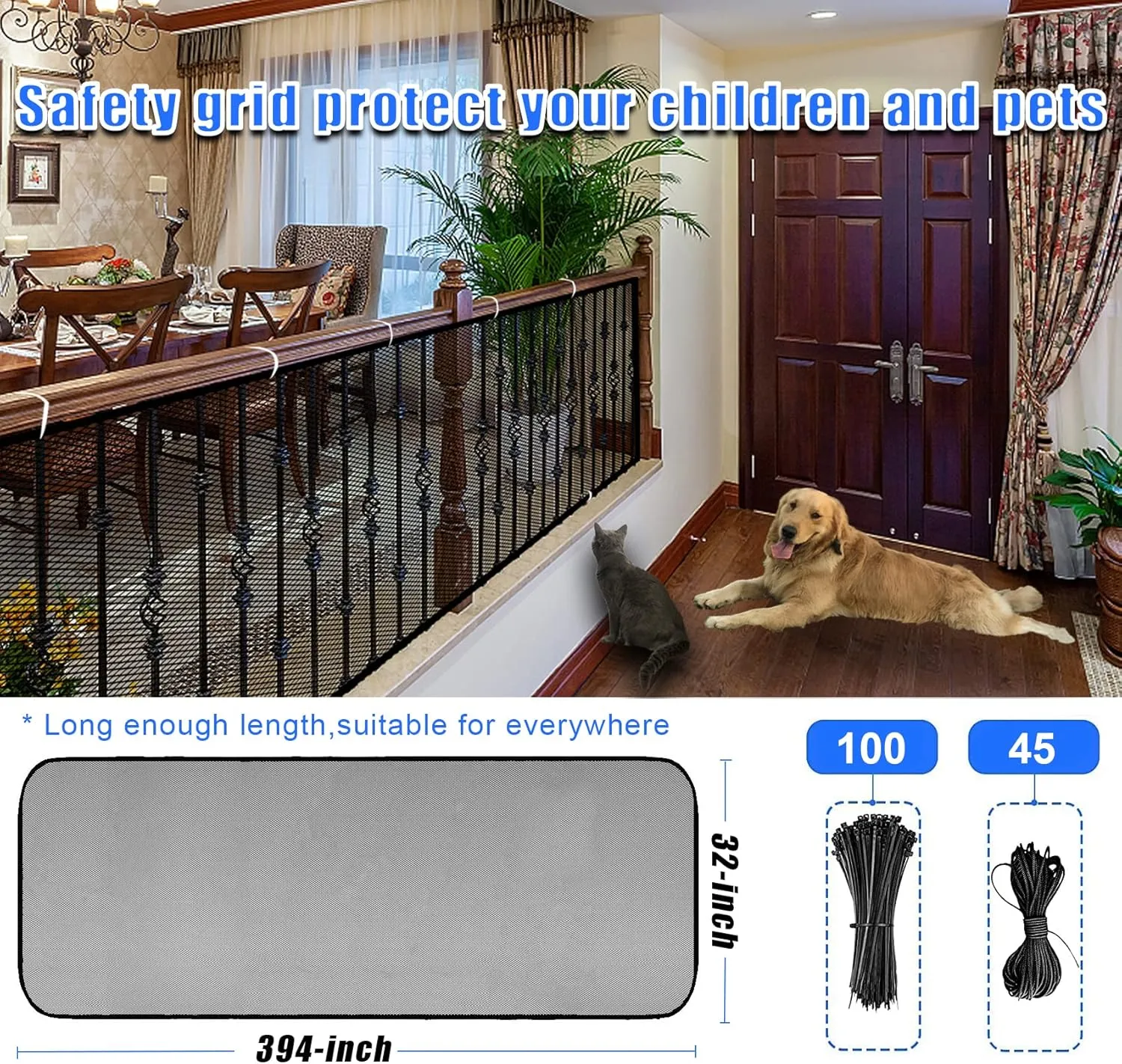 JIFTOK Baby Gate for Stairs, Banister Guard for Kids, Pets, Toys, 32.8ft L x 2.66 ft H, Mesh Netting Safety Net for Balcony Rail Stair, Stairway Net Baby Safety Products for Indoor & Outdoor (Black
