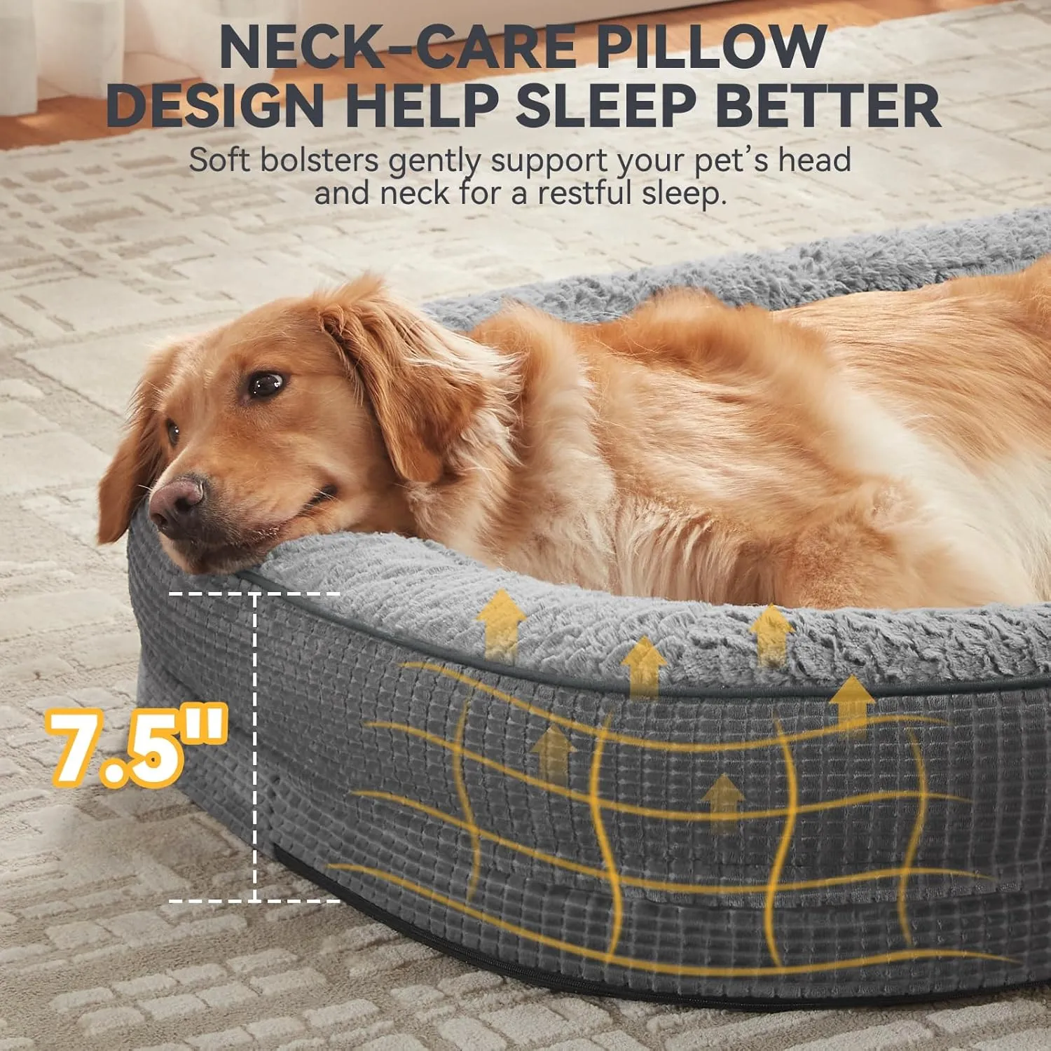 JOEJOY Orthopedic Dog Bed for Extra Large Dogs, XL Waterproof Egg-Crate Memory Foam Pet Sofa with Bolster Sides, Washable Removable Cover & Non-Slip Bottom, Grey
