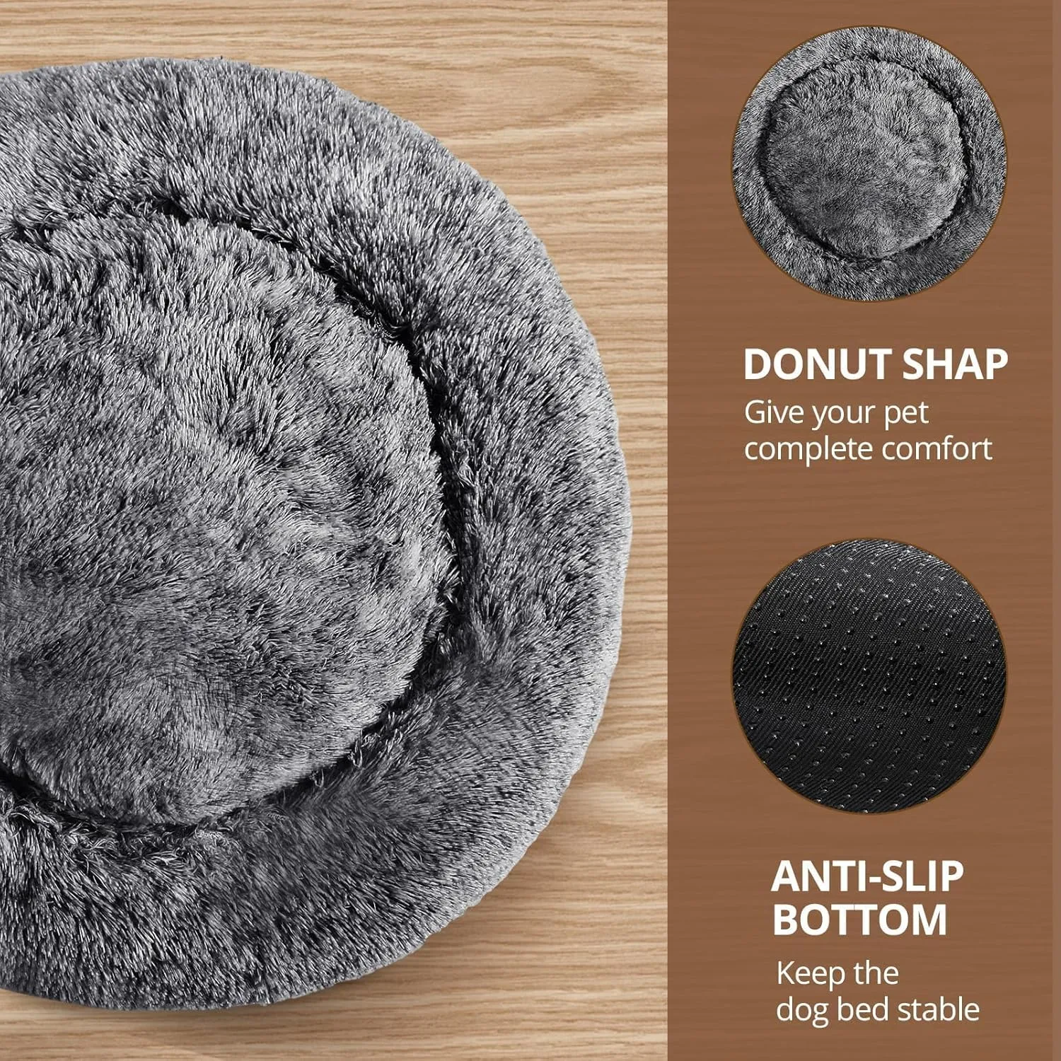 JOLLYVOGUE Medium Calming Dog Bed, Anti-Anxiety Donut Cuddler Cat Bed with Anti-Slip Bottom, Fluffy Faux Fur Machine Washable Pet Cushion for Medium Dog & Cat, 27"/Smoke Black