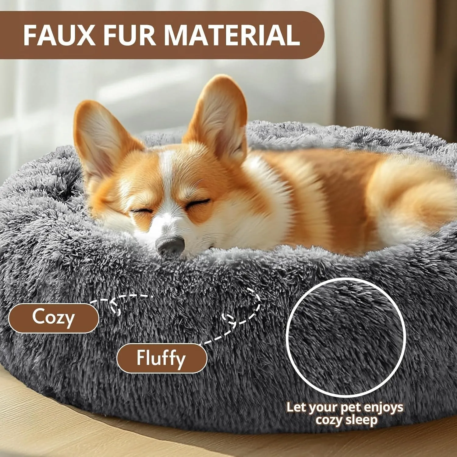 JOLLYVOGUE Medium Calming Dog Bed, Anti-Anxiety Donut Cuddler Cat Bed with Anti-Slip Bottom, Fluffy Faux Fur Machine Washable Pet Cushion for Medium Dog & Cat, 27"/Smoke Black