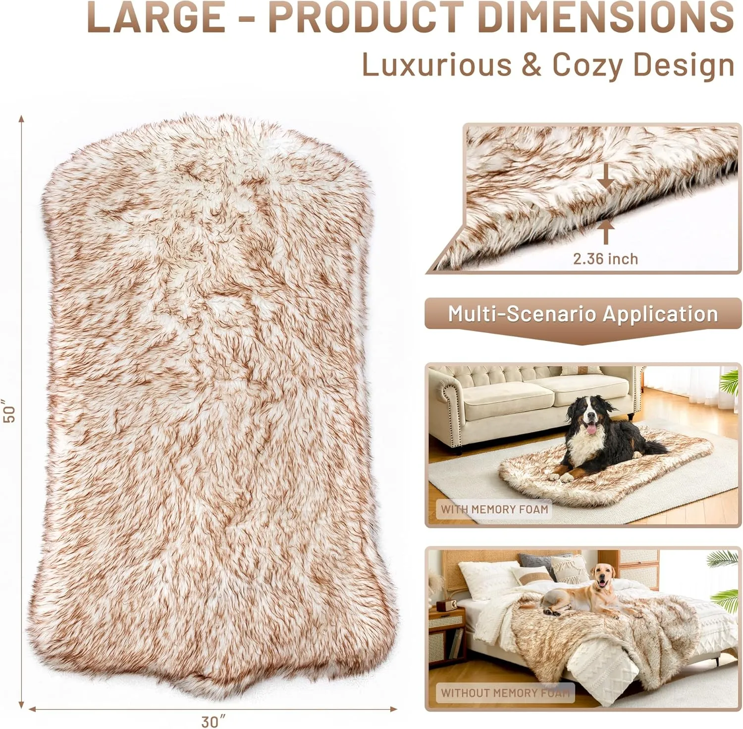 KOOPRO Faux Fur Memory Foam Fluffy Dog Bed, Luxury Pup Rug Waterproof Dog Blanket, Removable Washable Fluffy Plush Cover, Anti Slip Base, Modern (Large, White with Brown Tips)