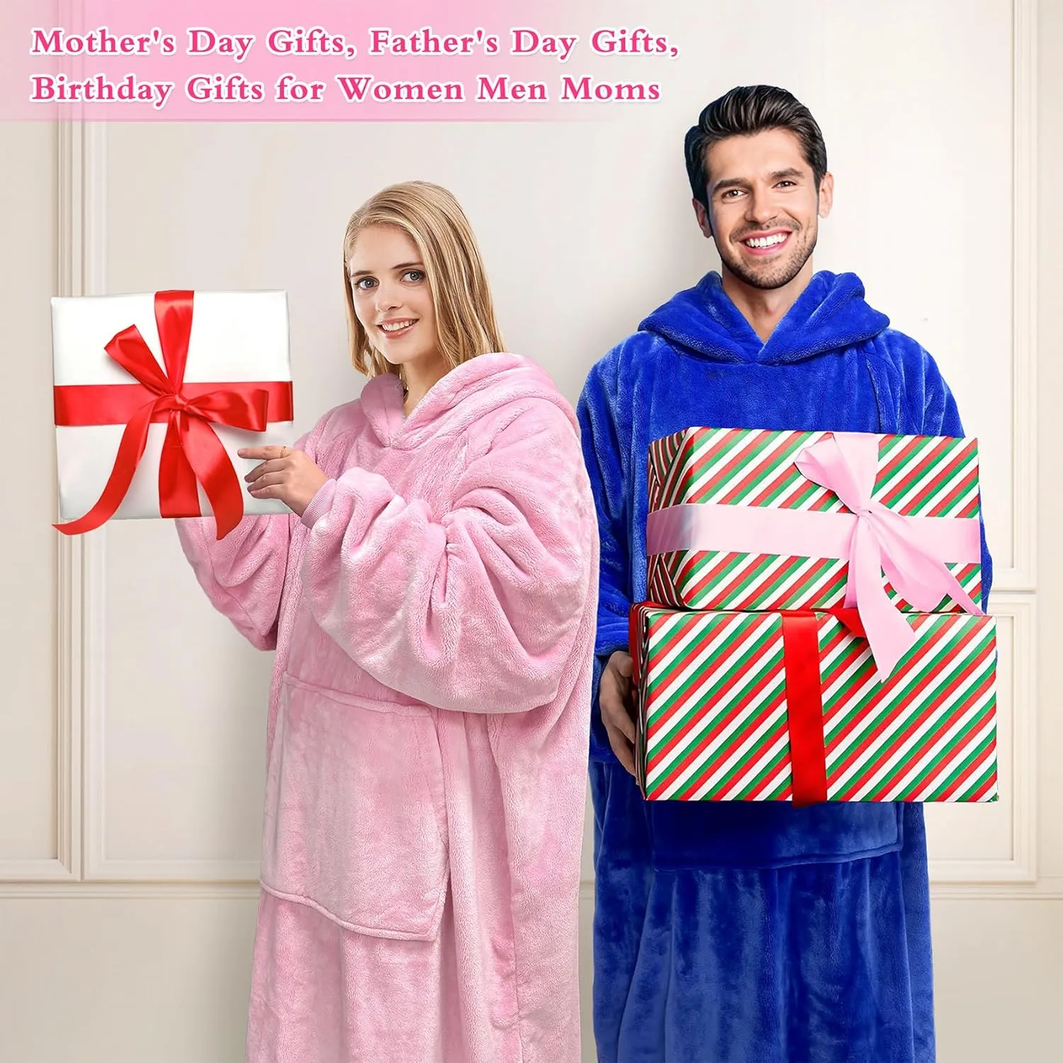 KPBLIS Wearable Blanket Hoodie Gifts for Women and Men, Oversized Hooded Blankets Sweatshirt Adult Birthday Gifts for Mom Girlfriend Gifts, Cozy Fleece Blanket with Sleeves and Giant Pocket, Blue