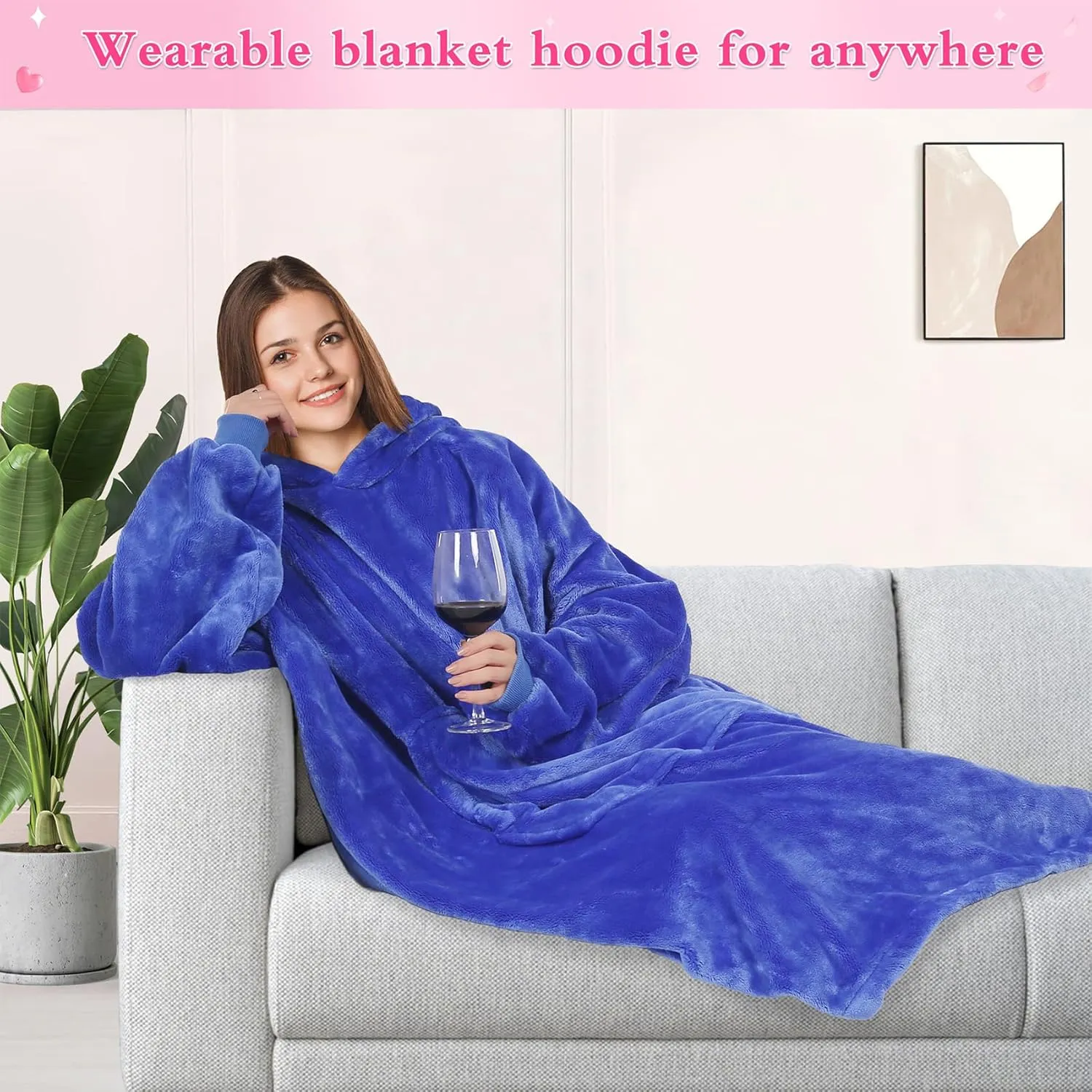 KPBLIS Wearable Blanket Hoodie Gifts for Women and Men, Oversized Hooded Blankets Sweatshirt Adult Birthday Gifts for Mom Girlfriend Gifts, Cozy Fleece Blanket with Sleeves and Giant Pocket, Blue