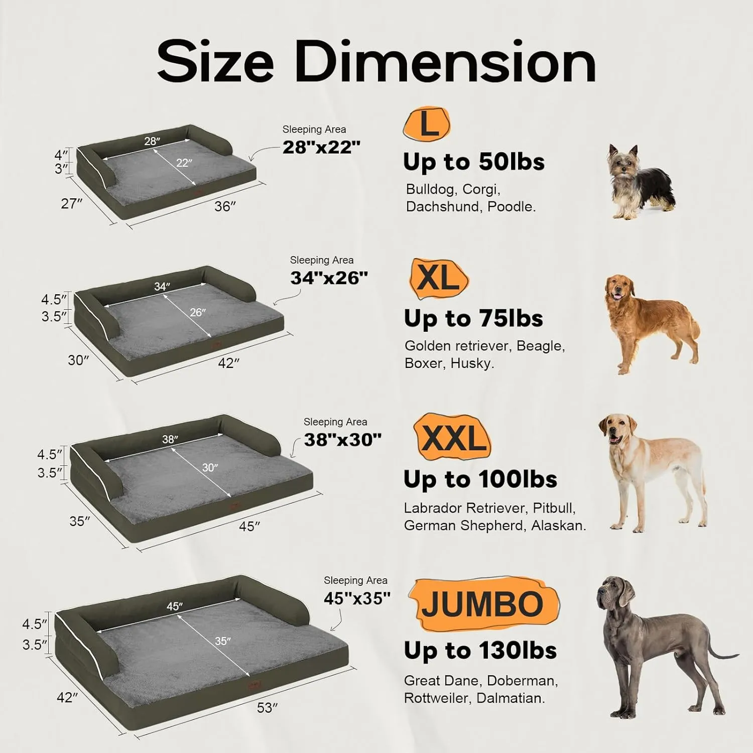 Large Dog Bed Orthopedic Washable - XXL Large Big Dogs - Waterproof with Removable Cover - Memory Foam - Beds Bolster Pet - Dogs Couch Sofa Bed - Dark Green Dog Beds
