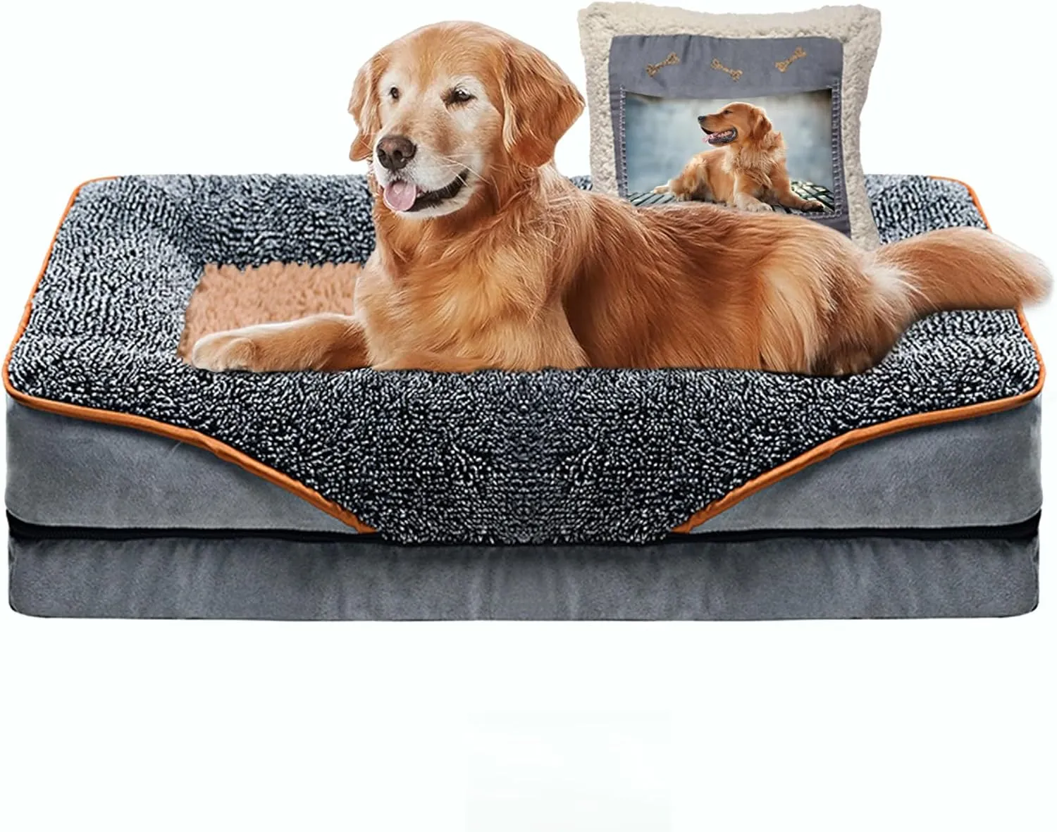 Large Size Dog Couch Bed with Pillow, Orthopedic Pet Sofa Bed Elevated Dual Layer with Washable Cover, Memory Foam, Fluffy Cushion for Puppy, Cama para Perros Grandes