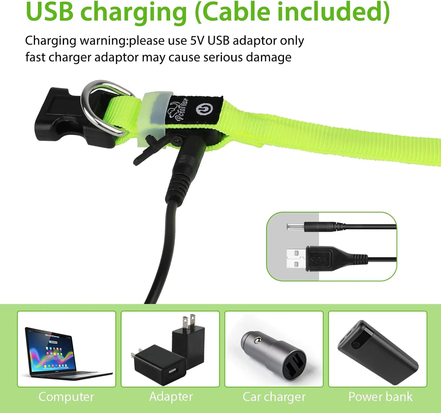 Led Dog Collar, USB Rechargeable Light Up Dog Collars for Small Dogs&Large Cats, Glowing Pet Dog Collar for Night Safety Water Resistant Lighted Puppy Collar (Green, 9-12.6 Inches)