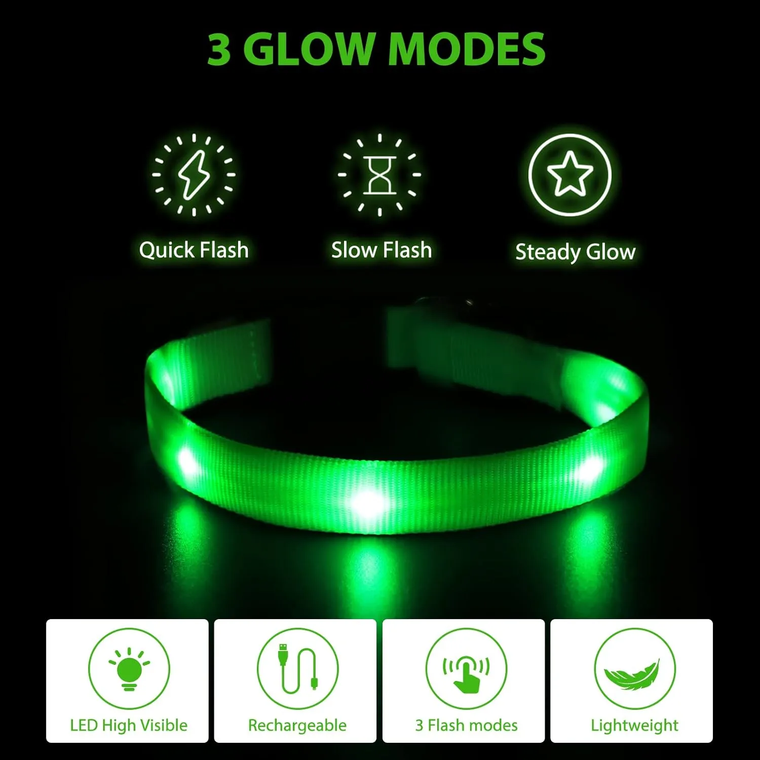 Led Dog Collar, USB Rechargeable Light Up Dog Collars for Small Dogs&Large Cats, Glowing Pet Dog Collar for Night Safety Water Resistant Lighted Puppy Collar (Green, 9-12.6 Inches)