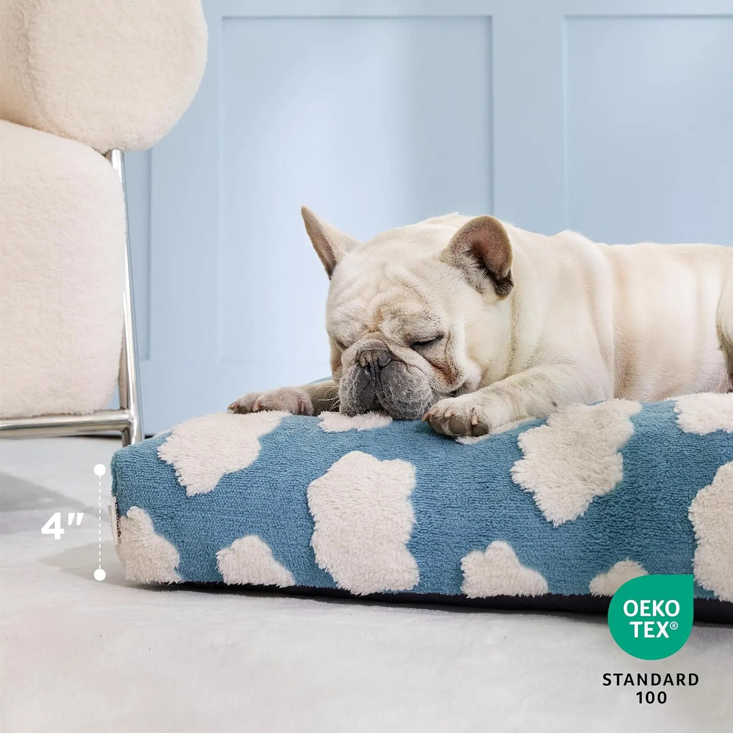 Lesure Cute Large Dog Bed for Crate-Thick Shredded Chopped Foam Pet Bed Indoor with Removable Washable Cover, Modern Fuzzy Plush & Anti Slip Bottom, Blue