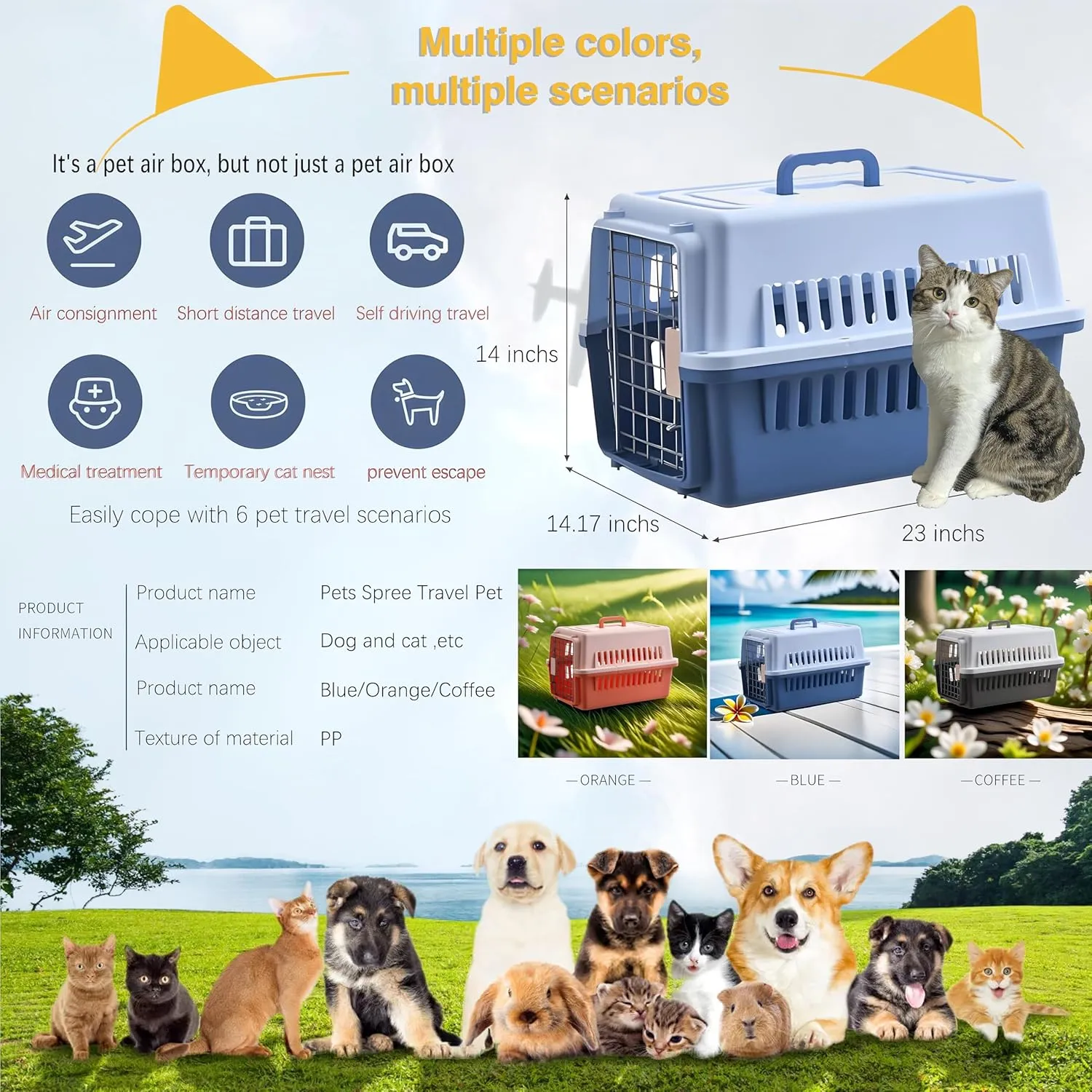 LLGJ-Pets CarrierKennel23 In. longHard-Sidedfor Dog/cat up to 23 lbssuit for Airline/Road TravelCoffee